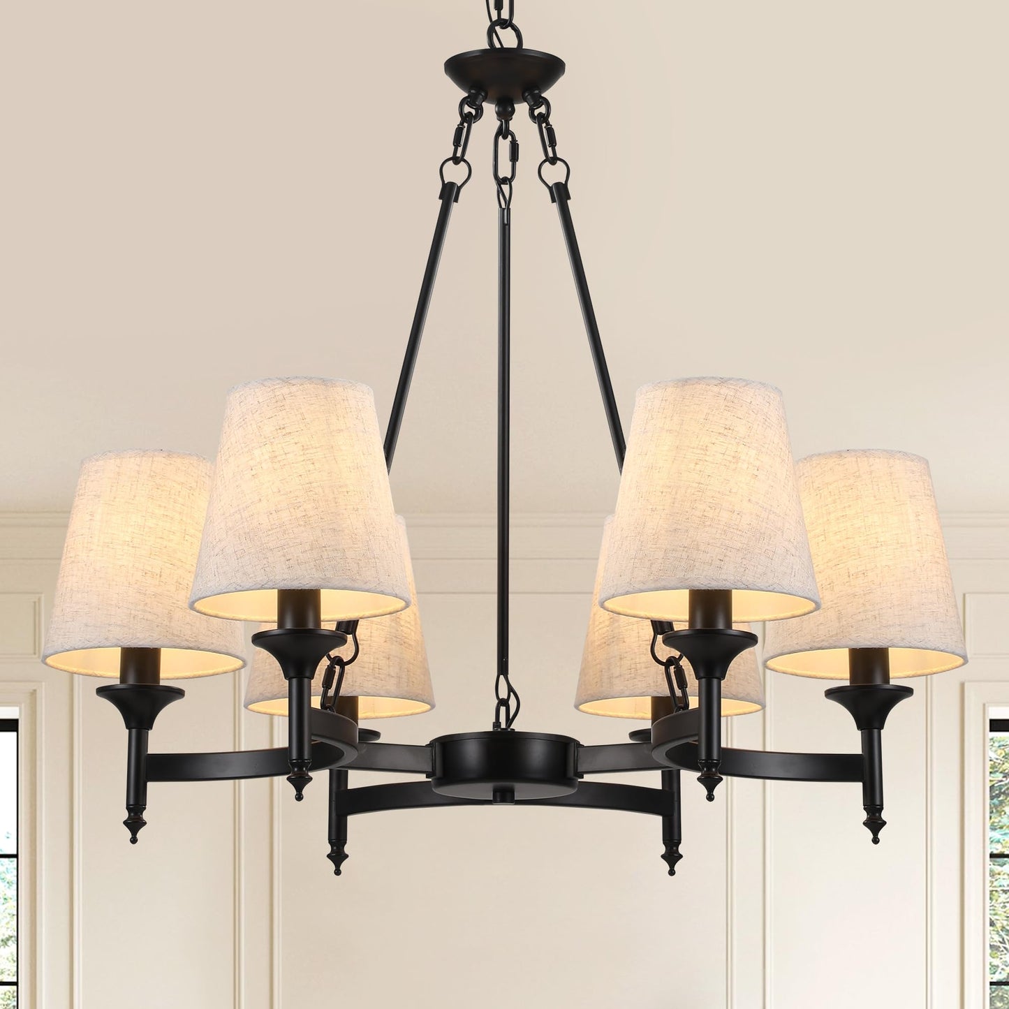 Xeruyiwa Black Industrial Farmhouse Chandelier, 27.2" 6-Light Pendant Light with Linen Fabric Shades, Adjustable Hanging Fixture for Kitchen Island Dining Room Bedroom Entryway