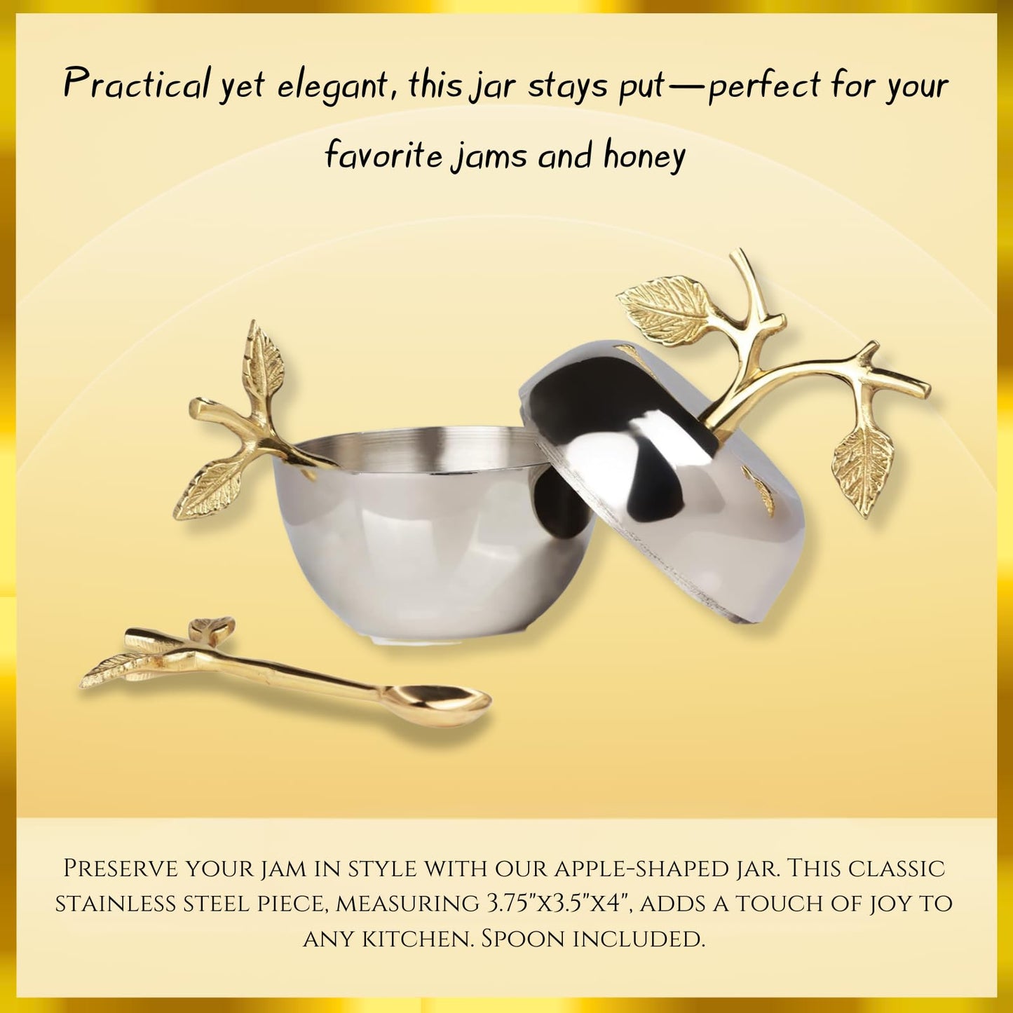 Silver Honey Jar Dish, Apple & Leaf Honey, Jam Server with Dipper Spoon Ideal for Serving Honey, Jams, Jellies, Gorgeous Gold Leaf Spoon, Stainless Steel & Brass, Everyday Rosh Hashanah & any Occasion