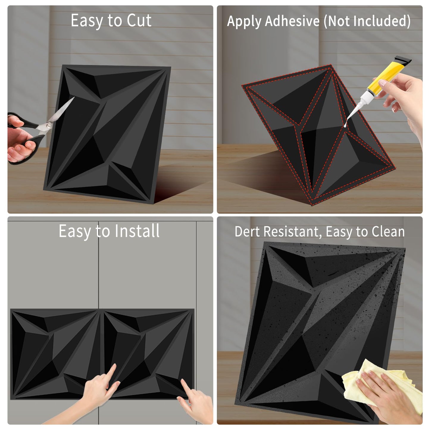 Decorative 3D Wall Panels, 33 Pack Textured PVC Tiles 12x12 Inch, Black - Covers 33 Sq Ft, Modern Wall Art for TV Wall & Game Room, Waterproof & Cuttable (Glue Required)