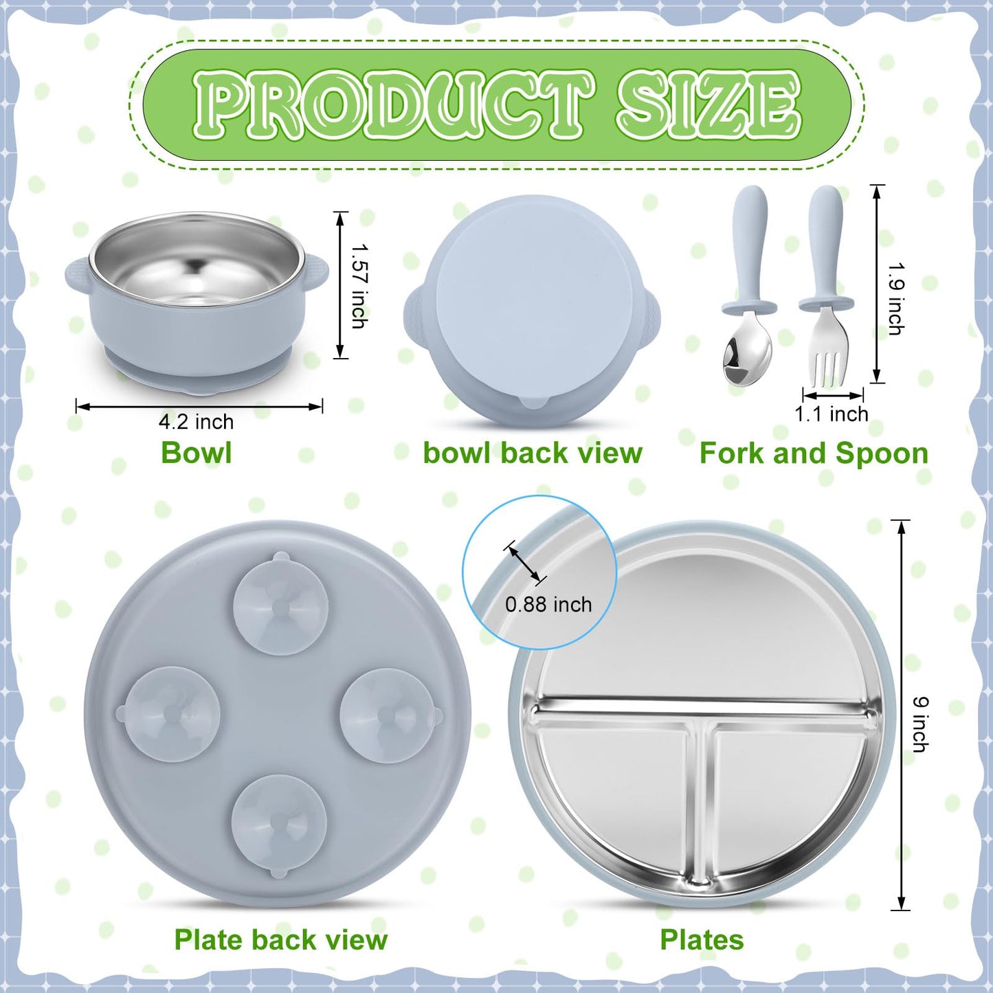 Nuogo 8 Pcs Stainless Steel Kids Plates and Bowls Set with Suction Stainless Steel Baby Plate, Toddler Bowls, Forks, Spoons with Removable Silicone Suction Silicone Baby Feeding Set, Dishwasher Safe
