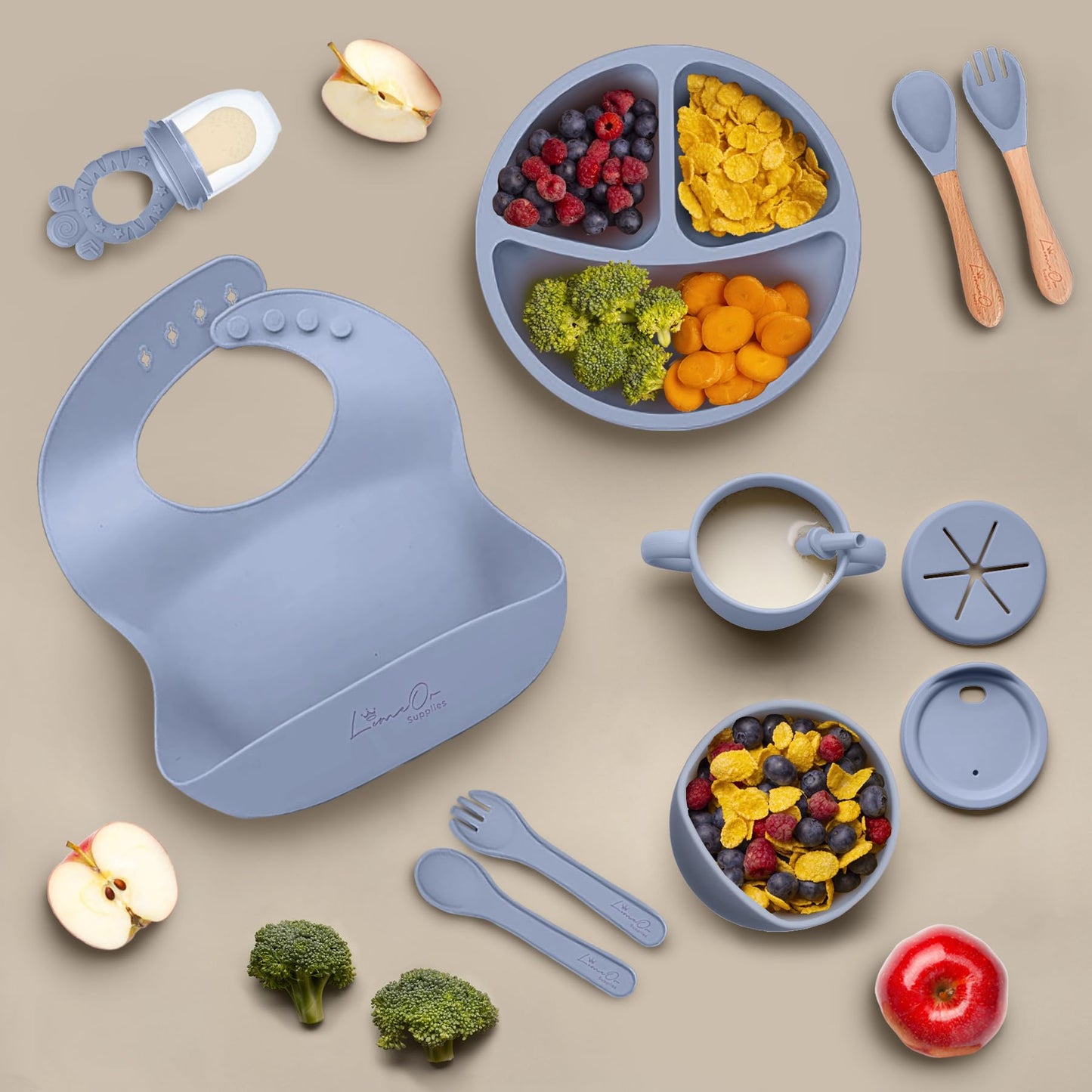Silicone Baby Feeding Set, 10 Pcs Baby Led Weaning Supplies | BPA-Free Baby Dishes with Toddler Plates and Bowls Set, Silicone Bib, Suction Cup, Baby Spoons & Forks | Empower Independence – Gray