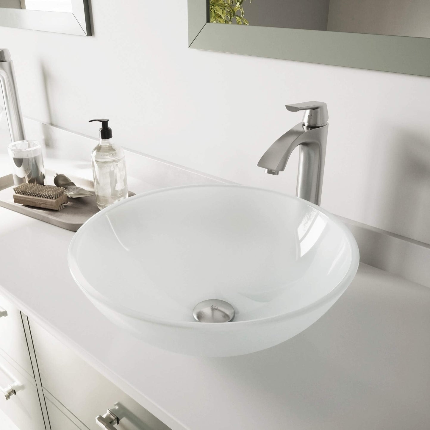 VIGO 17" L -17" W -12" H White Frost Glass Round Vessel Sink Set with Faucet and Drain -VGT1091