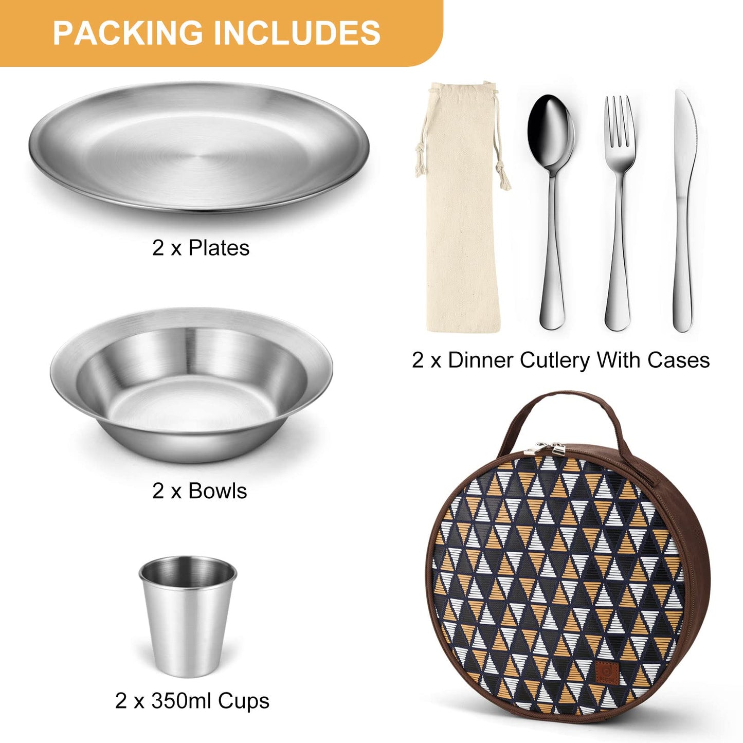 Odoland Stainless Steel Camping Mess Kit for Family & 2 Person, Cooking Tableware Utensils with Plates Bowls Forks Spoons Knives & Savings Bag for Camping, Backpacking, Hiking, Picnic, 2 Person Set