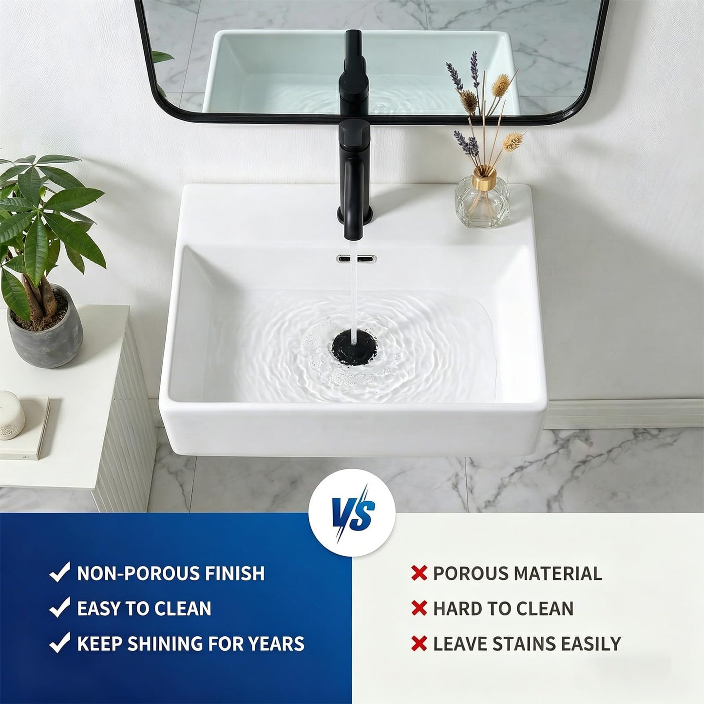 20 x 14 Inch Wall Mounted Bathroom Sink, NOHALIPY Modern White Rectangular Porcelain Floating Vessel Sink with Overflow, Corner Mount Ceramic Bathroom Sink for RV, Restroom and Toilet, Easy to Install