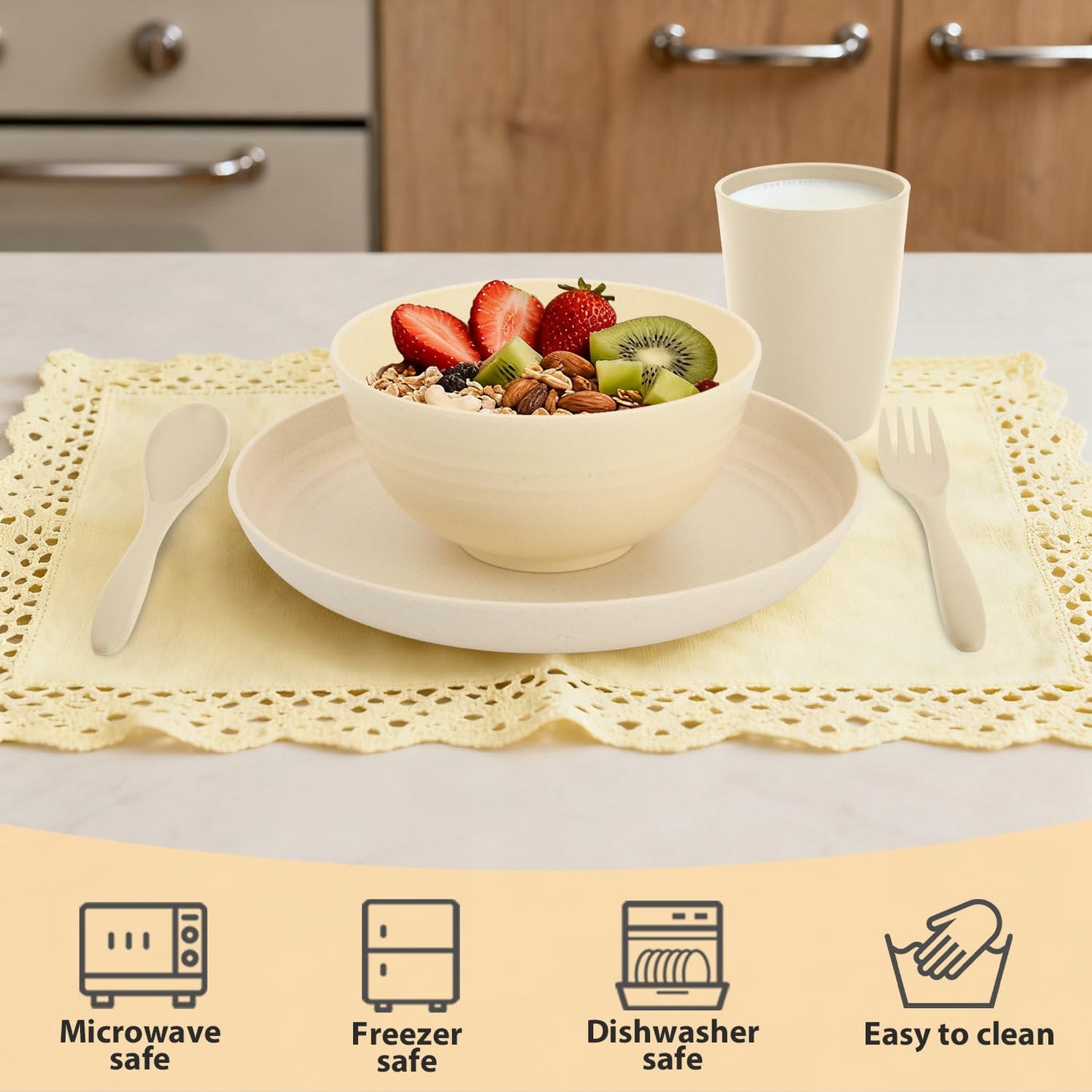 Perlapoc Kitchen Wheat Straw Dinnerware Sets for 4, Unbreakable Kids Dish Set 20 PCS - Dinner Plate/Cereal Bowl/Cup/Fork/Spoon, for Outdoor Camping, RV, Apartment Essentials - Beige