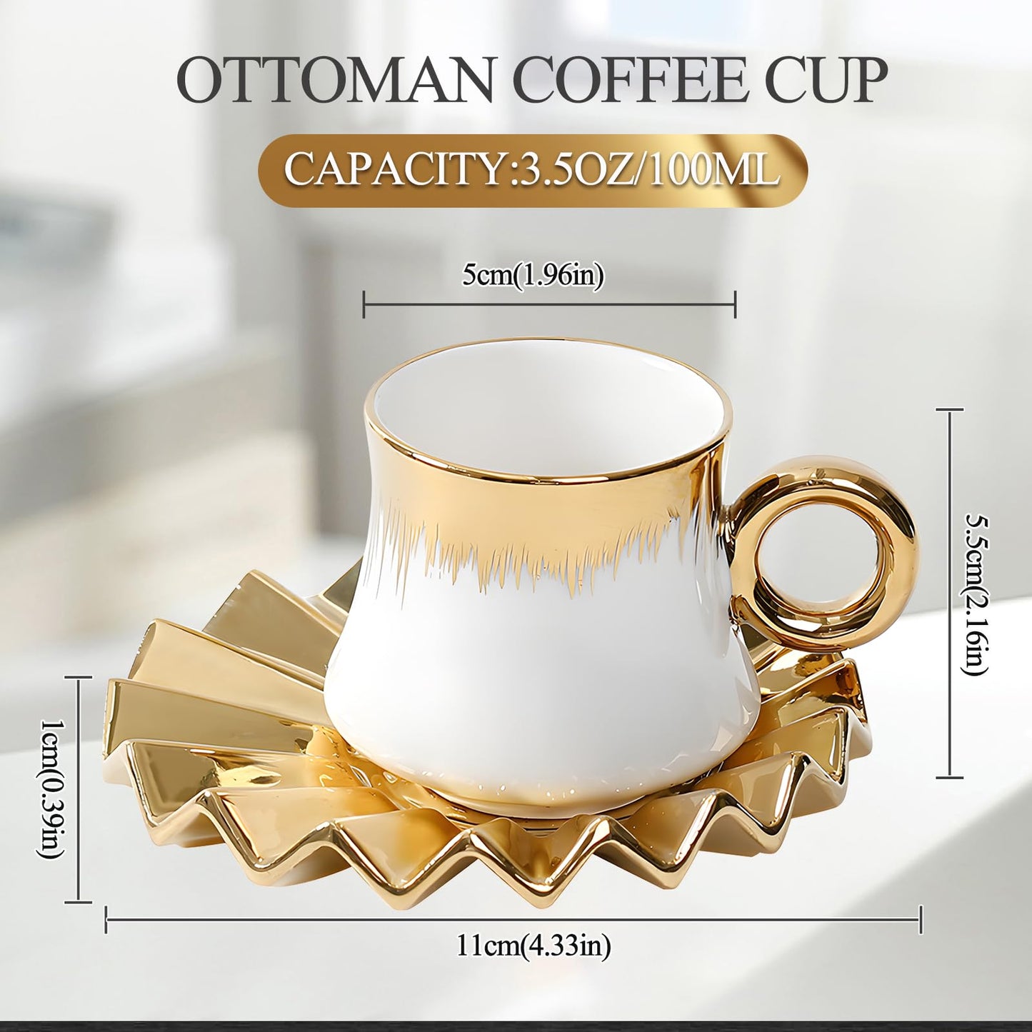 Kytree 3.5oz Ceramic Turkish Coffee Cup Set of 6, Porcelain Espresso Cups and Saucers British Italian Cappuccino Cups with Gold Trim for Double Espresso Cappuccino Latte Mocha Tea (White)