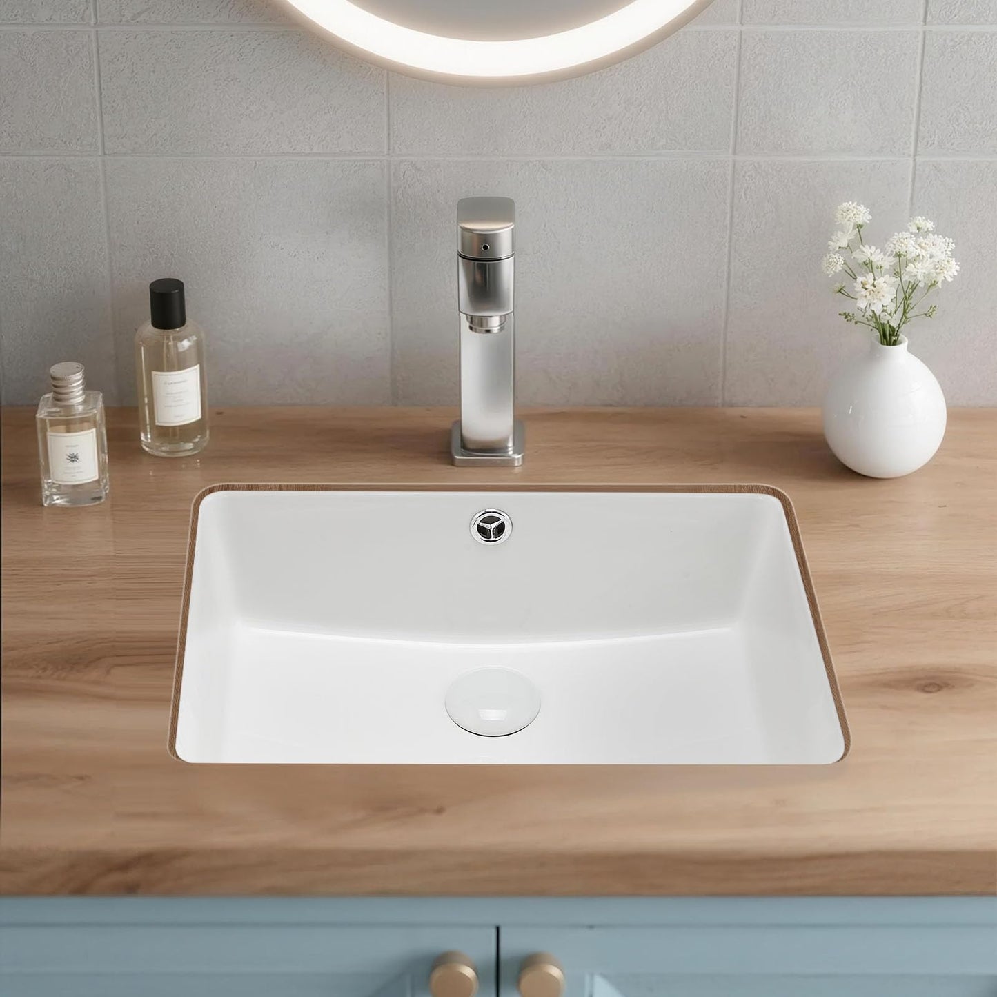 VEVOR Undermount Bathroom Sink, 18.5 x 13.19 Inch Rectangular White Ceramic Vessel Sink with Overflow Hole, Under Counter Drop in Modern Lavatory Vanity Bath Wash Bowl Basin, Rectangle Small Space