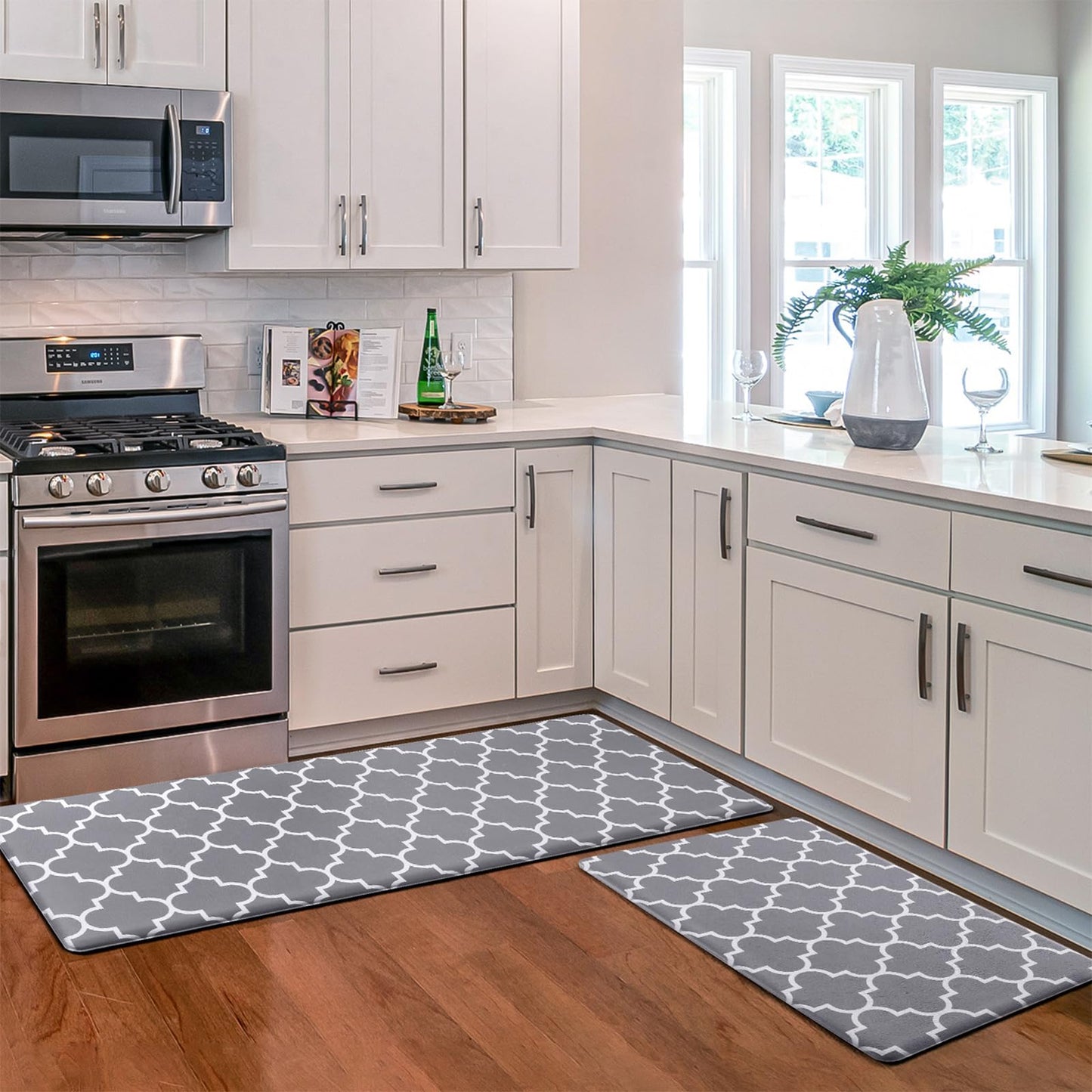 KMAT Kitchen Mat [2 PCS] Cushioned Anti-Fatigue Kitchen Rug, Waterproof Non-Slip Kitchen Mats and Rugs Heavy Duty PVC Ergonomic Comfort Foam Rug for Kitchen, Floor Home, Office, Sink, Laundry,Grey