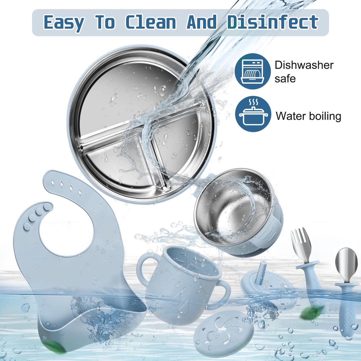 MISSLILI Stainless Steel Kids Plates and Bowls Set with Suction, Divided Baby Plate and Toddler Bowl with Removable Silicone Suction,Stainless Steel Weaning Bundle, Silicone Baby Feeding Set (Blue)