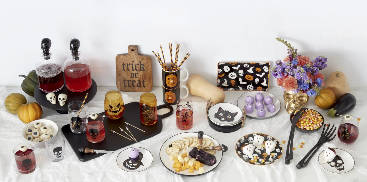 Oneida Serving Utensil Set, Skull Mirror Cheese Knives Flatware Set, Set of 4 Stainless Steel Utensils Set, Carved Wood Handles, Black Die Lacquer Finish, Halloween Decorations (4 Piece Cheese Knives)