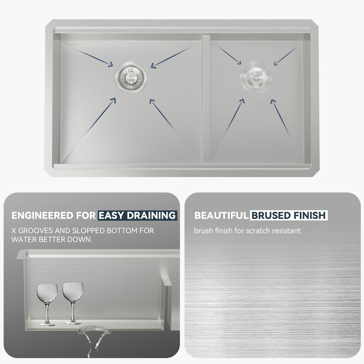 Lordear Undermount Double Kitchen Sink 32 Inch 16 Gauge Undermount Workstation 60/40 Double Bowl Sink Stainless Steel with Smart Low Divider 32x19 Inch Double Basin Kitchen Sinks Handmade