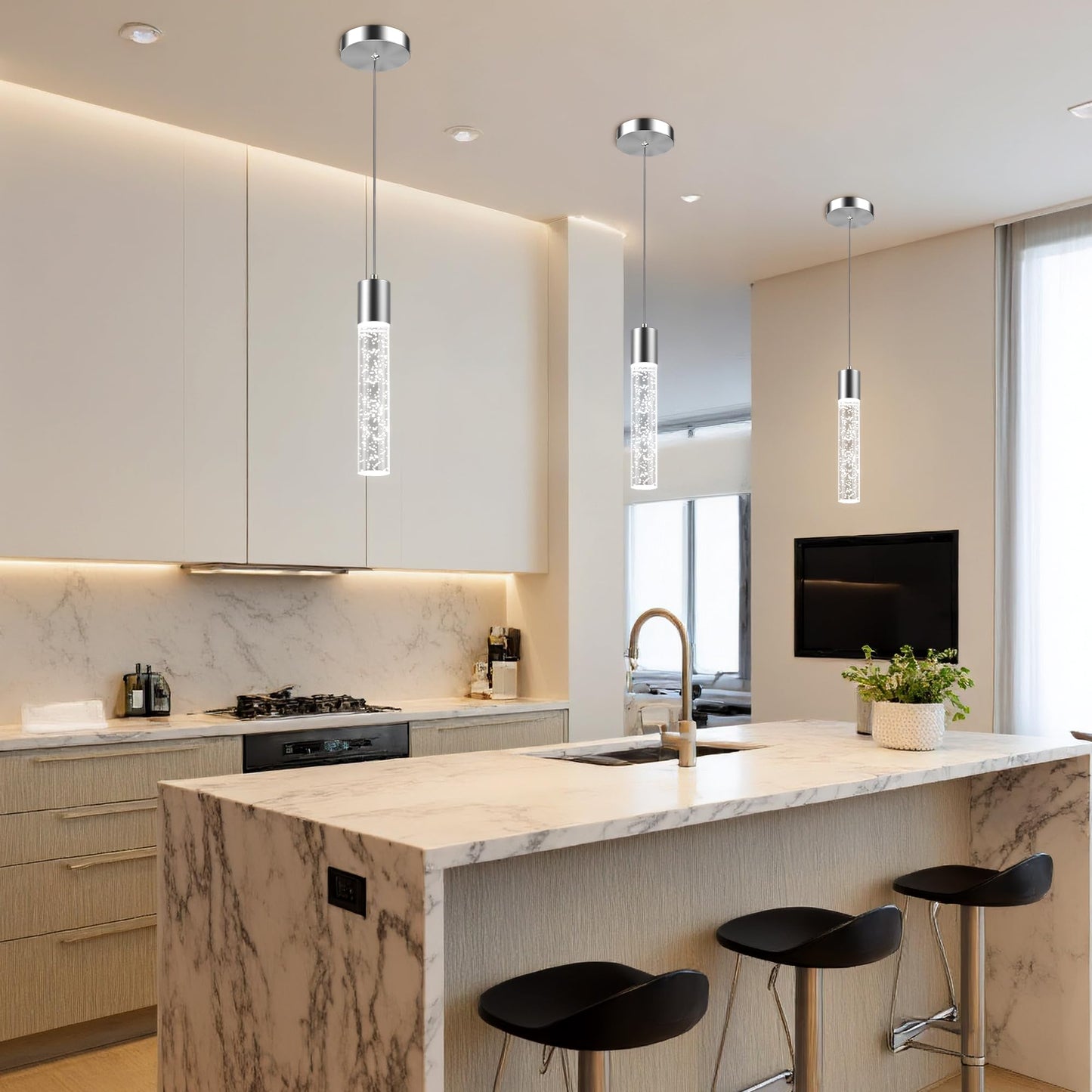 Esfos Pendant Lights Kitchen Island, 6500K Modern Kitchen Island Lights Brushed Nickel, 3 Pack Ceiling Lighting Fixtures with Crystal Bubble, Integrated LED Hanging Light for Dining Room Restaurant