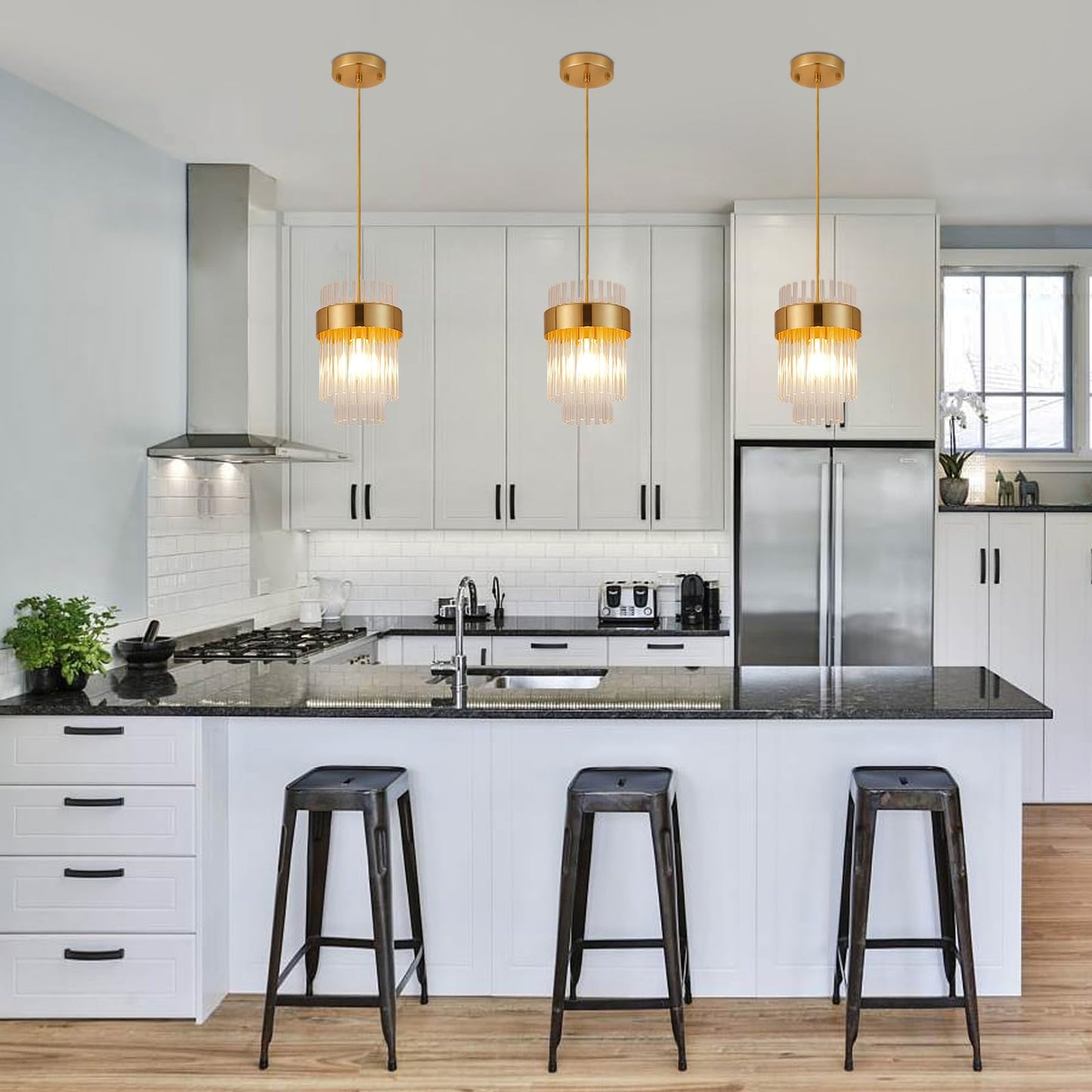 Dijiahua Pendant Lights Kitchen Island Gold 3 Pack,Crystal Pendant Light Fixtures Over Table, Mini Brass Dining Room 1-Light Chandelier,Modern Adjustable Cord Hanging Lamp for Bedroom,Sink