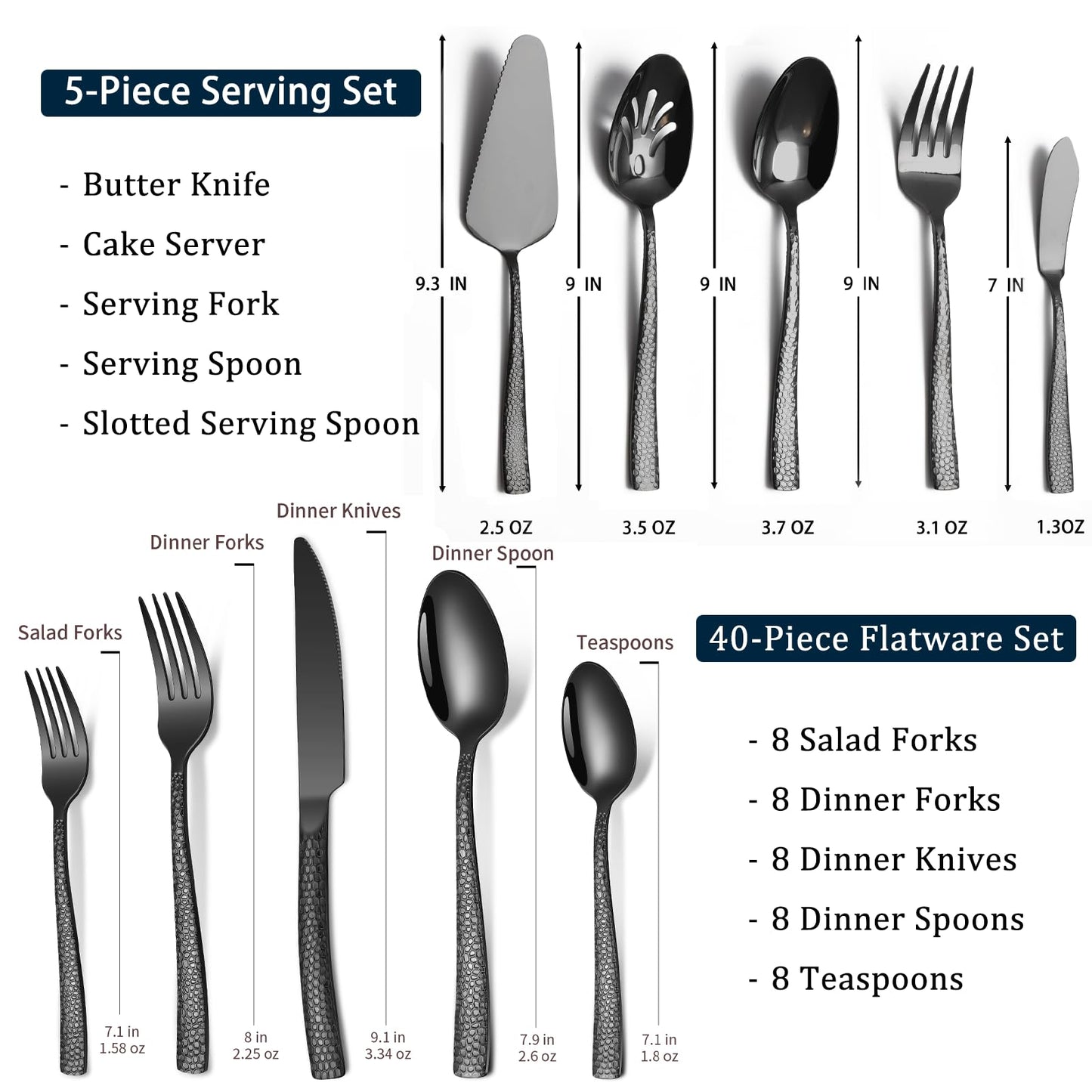 45-Piece Silverware Set with Serving Utensils Set, Black Hammered Stainless Steel Flatware for 8, Food-Grade Tableware, Including Fork, Knife, Spoon Set, Home Kitchen Cutlery, Dishwasher Safe