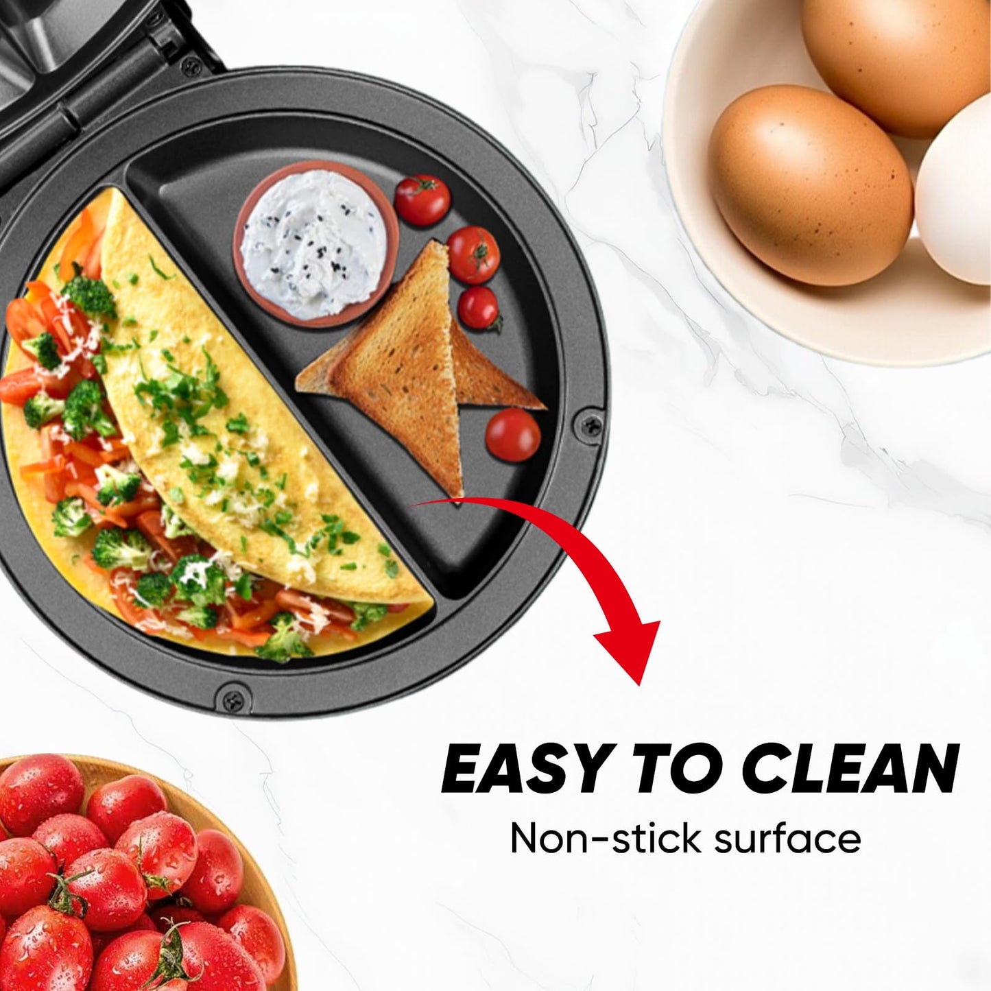 SakerPlus Dual-Zone Electric Omelette Maker, 1000W Rapid Double-Sided Egg Cooker with Non-Stick Plates,Compact Breakfast Maker for 2 Omelettes Simultaneously, Cool-Touch Handle for Home,Dorm&Travel