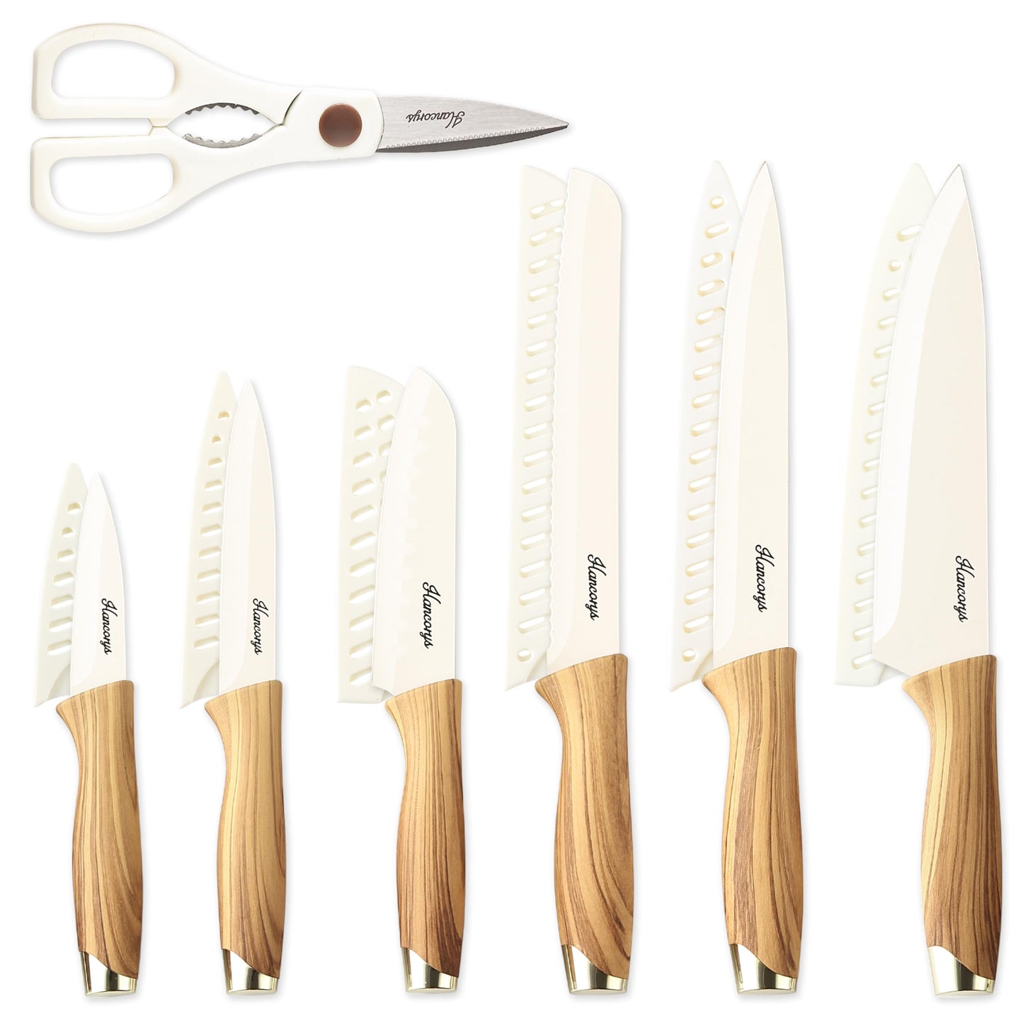 Hancorys Knife set, 13 Pieces Kitchen Knives Set, Nonstick Ceramic Anti-Rust Coating and Blade Guard, Holiday Gifts for Kitchen, Camping Essentials