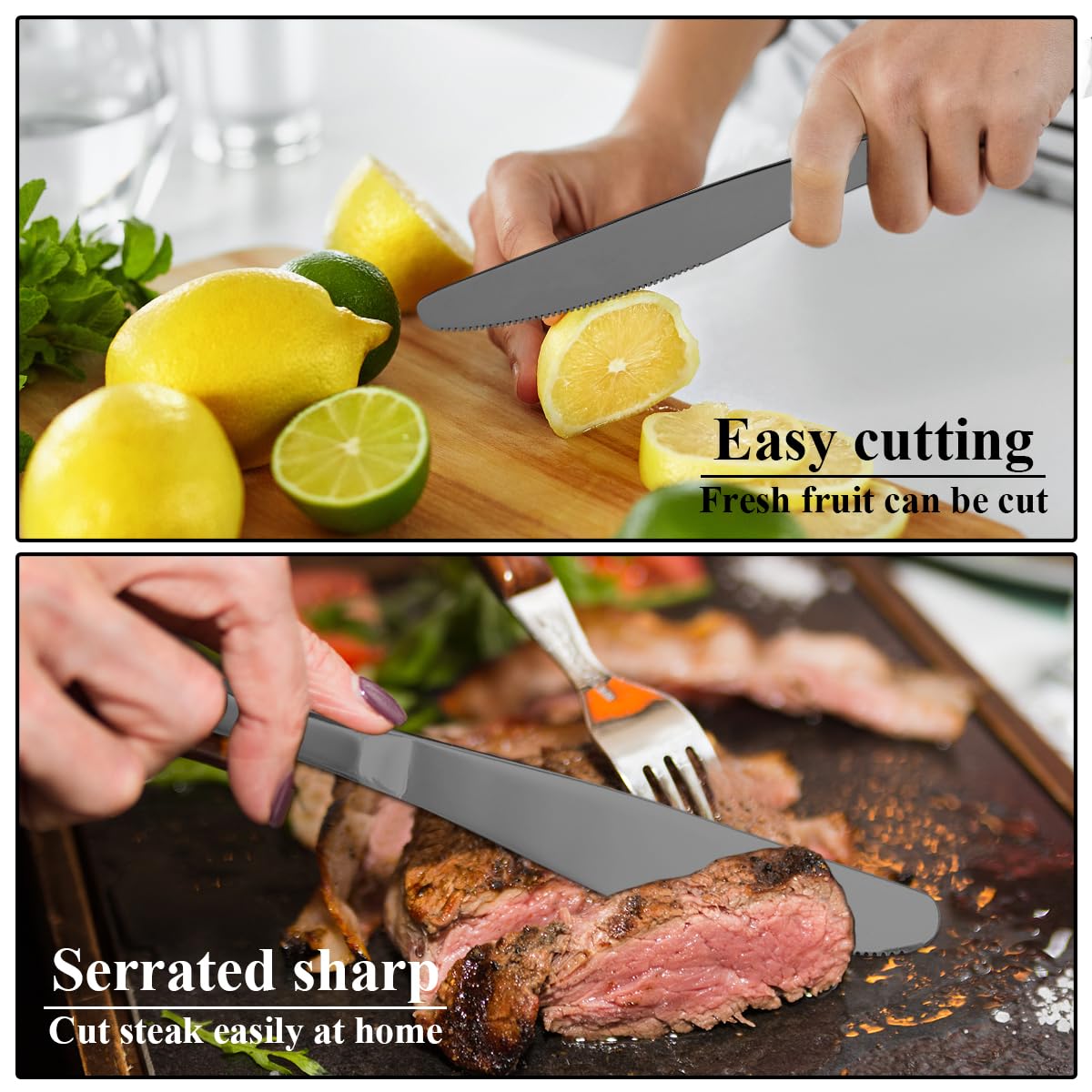 Evanda Black Dinner Knives 12 Pieces,Titanium Plating Black Stainless Steel Steak Knives Set Table Knives, Flatware Butter knife Knives Set Cutlery Set, Dishwasher safe