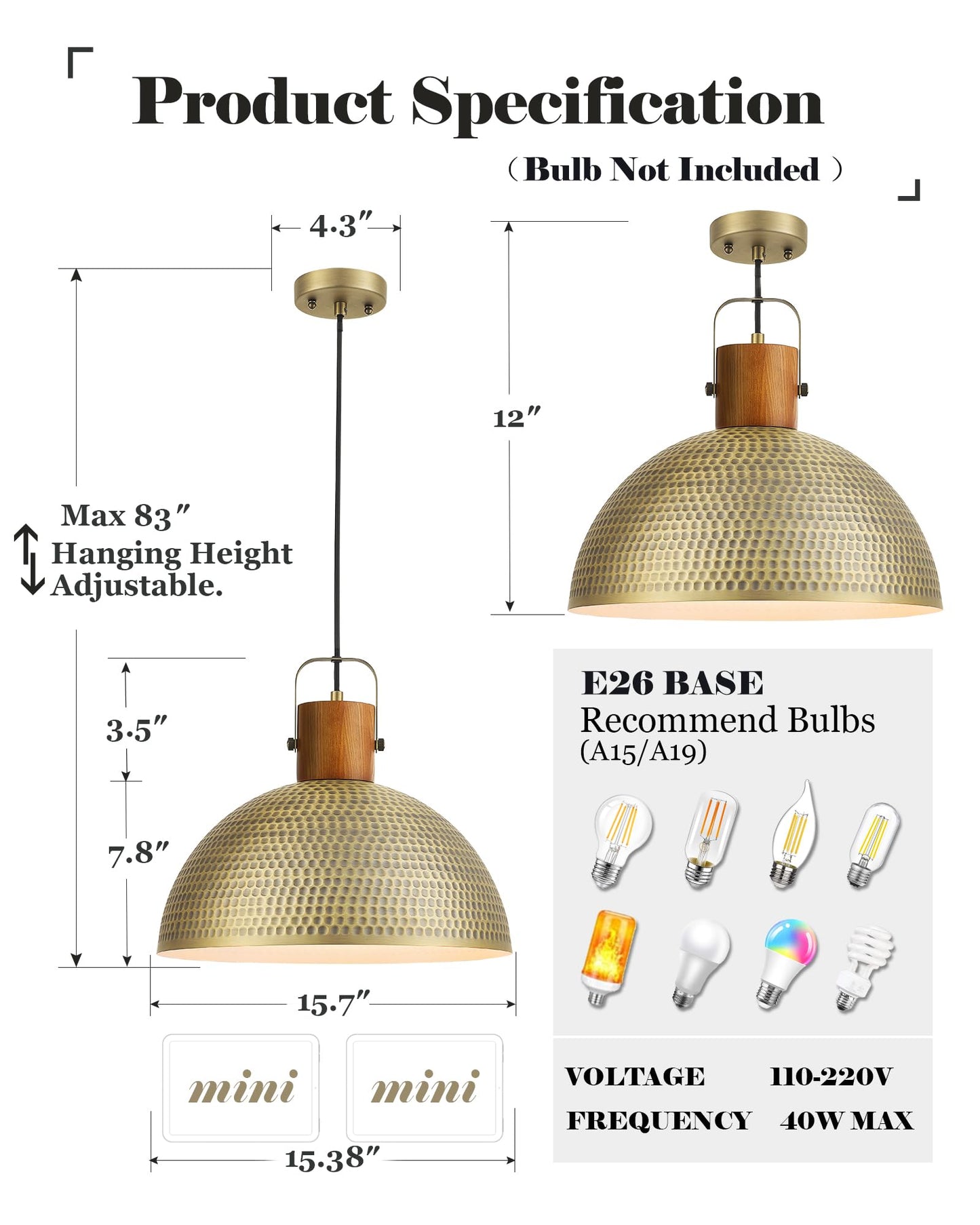 ELYONA 2 Pack Large Hammered Pendant Light Fixtures, 16 Inch Ash Wood Vintage Dome Hanging Lamp, Antique Gold Mid Century Pendant Lighting for Kitchen Island, Farmhouse, Dining Room, Brushed Brass