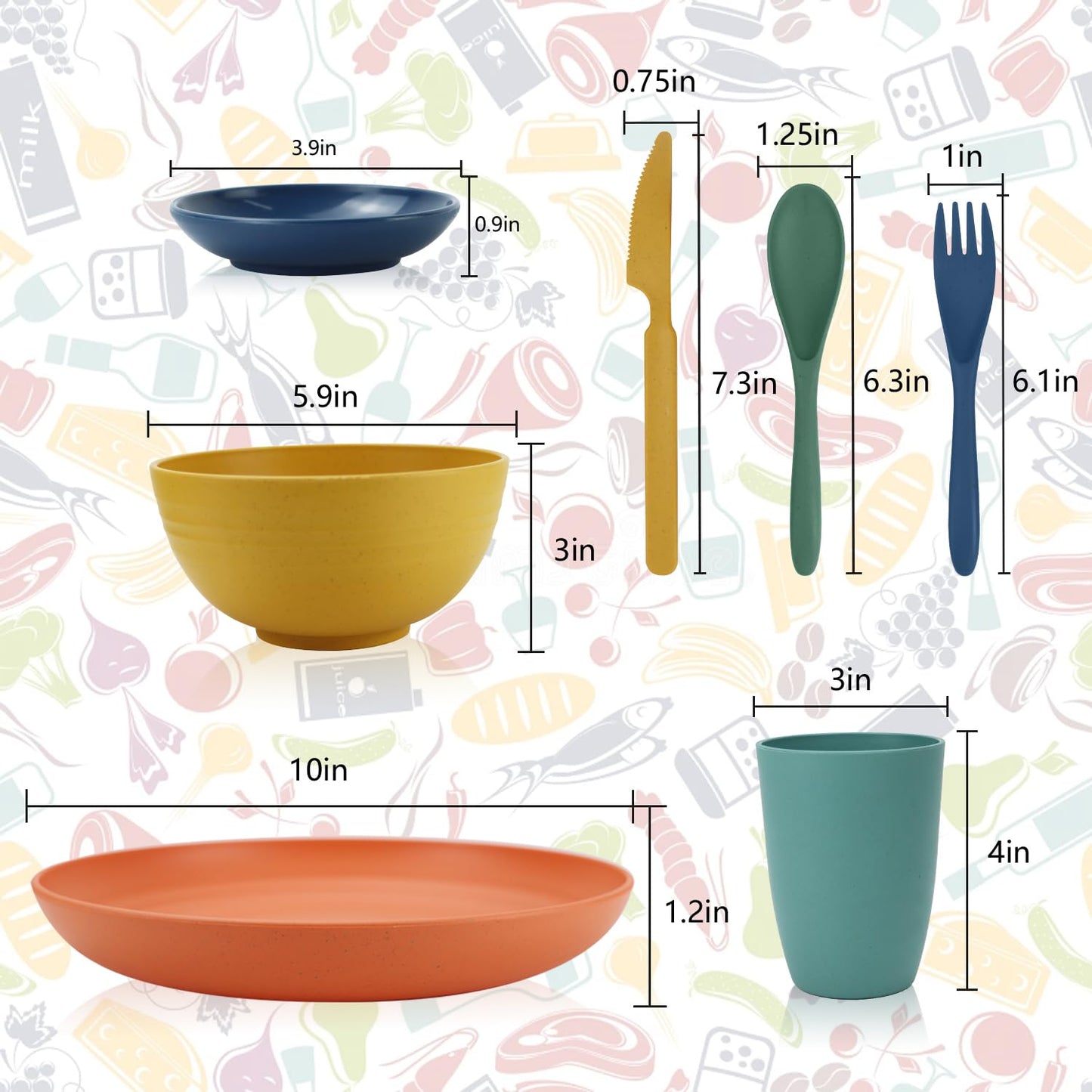 Wrova Wheat straw plates and bowls sets with cutlery - Unbreakable wheat straw dinnerware sets of 28 - Microwave safe plates,bowls,cups for camping,kitchen,new apartment.Colorful