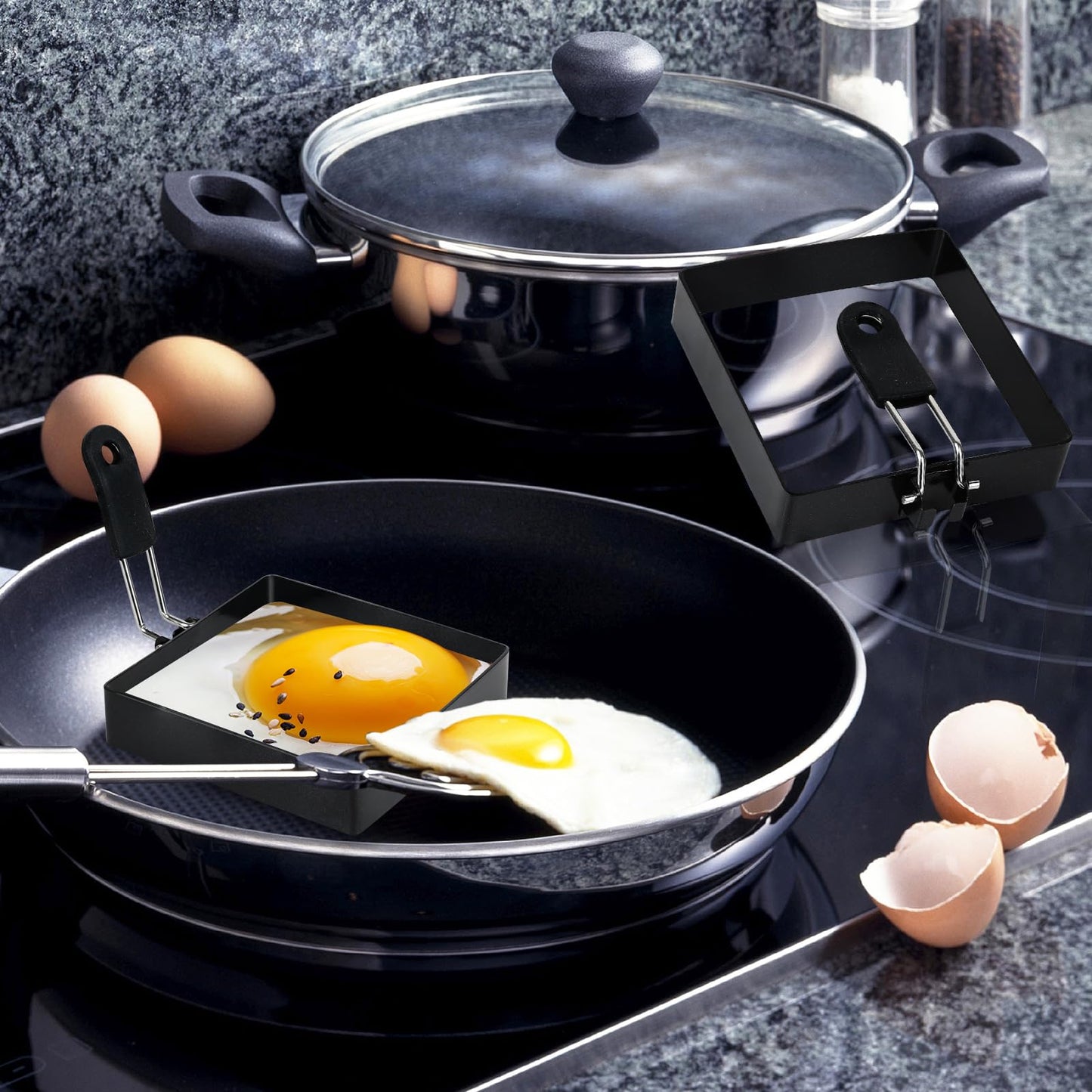 LXLOVESM 2-Pack 4'' Square Egg Rings Set with Silicone Handle, Stainless Steel Egg Cooking Rings，Nonstick，For Frying Eggs and English Muffins Pancake, Egg Mold Shaper For Breakfast