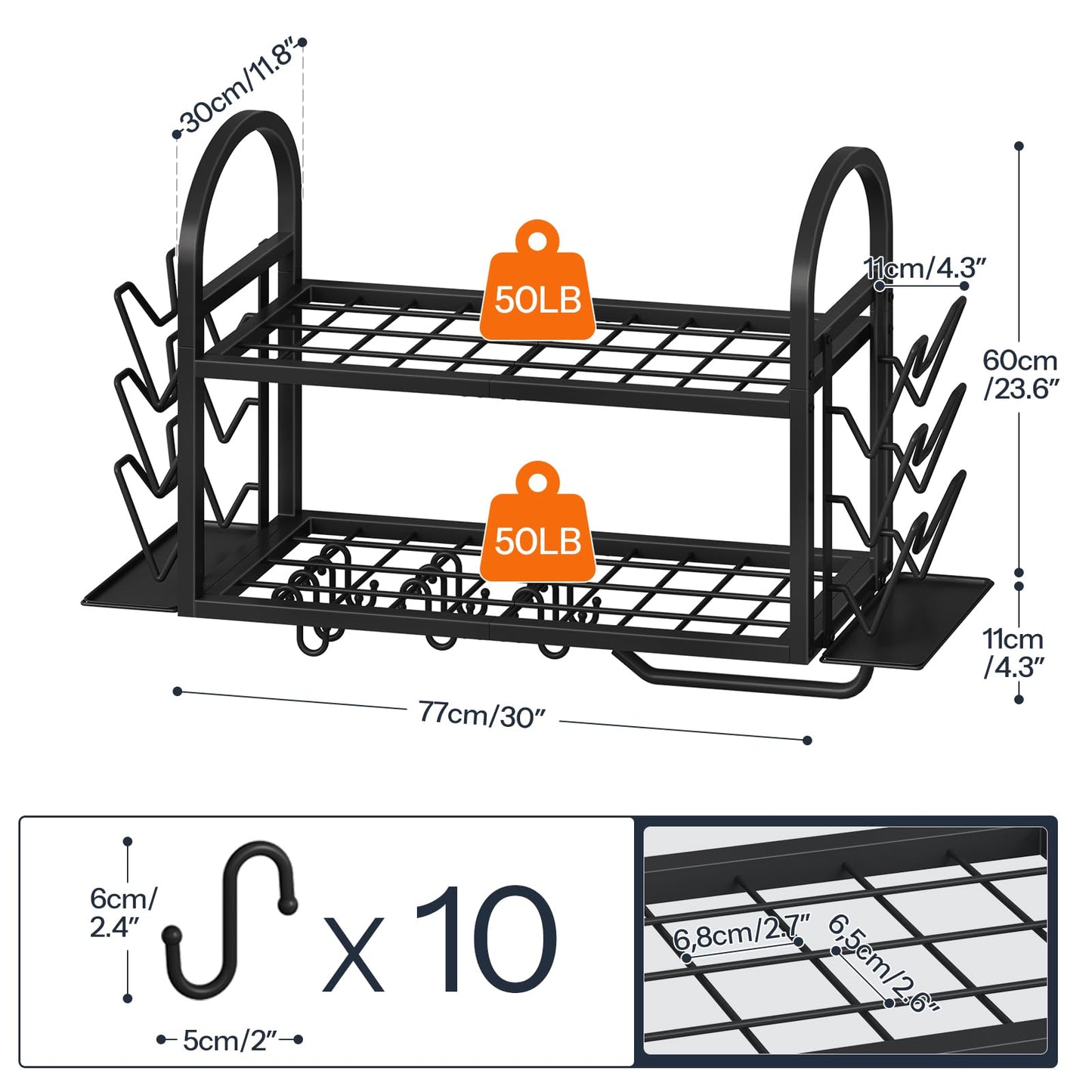 HOOBRO 30 Inch Pot Rack Wall Mounted, 2 Tier Pots and Pans Organizer with 6 Lid Holders and 10 Hooks, Wall-Mounted Pan Hanger with Towel Bar, for Kitchen Cookware Utensils Storage, Black BB100TL01