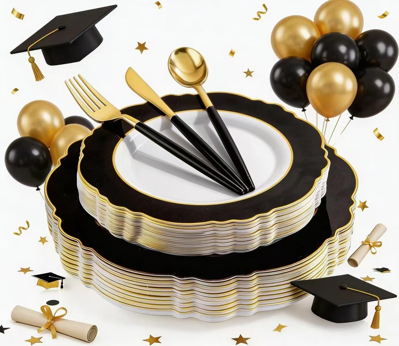 WDF 30Guest Black and Gold Plastic Plates - Gold Plastic Silverware With Black Handle Baroque Black and Gold Disposable Dinnerware for Graduation/Wedding/Party/Birthday