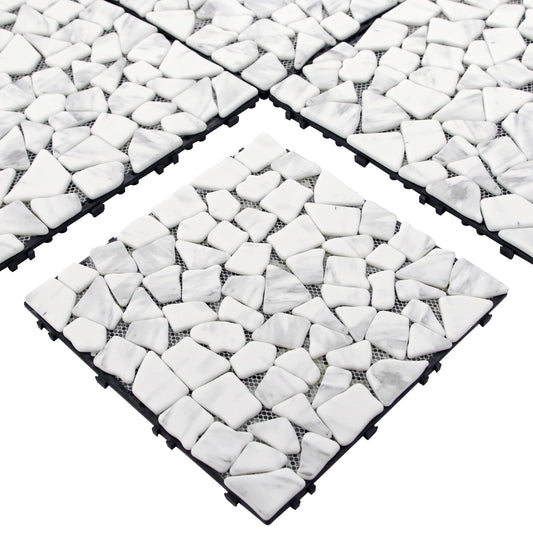 4PCS Natural Pebble Interlocking Deck Tiles, 12" x 12" Recycled Glass Marble Looks Waterproof Patio Deck, Outdoor & Indoor Flooring Decking Tiles for Porch Poolside Balcony Backyard, Carrara White