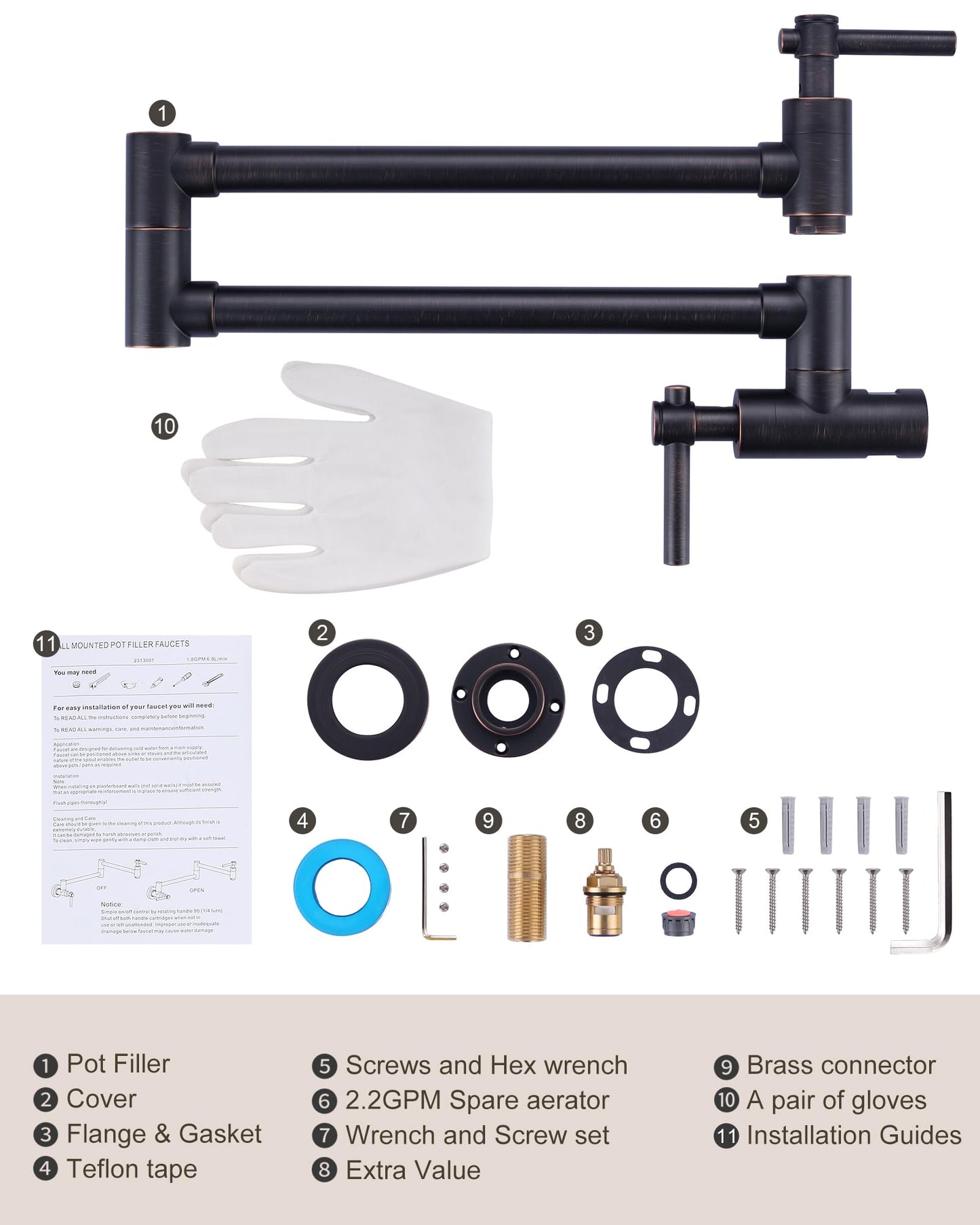 iVIGA Pot Filler Faucet Wall Mount Brass Faucets Kitchen Double Handle Oil Rubbed Bronze Folding Kitchen Faucet Stretchable Double Joint Swing Arm Copper Single Hole Faucet