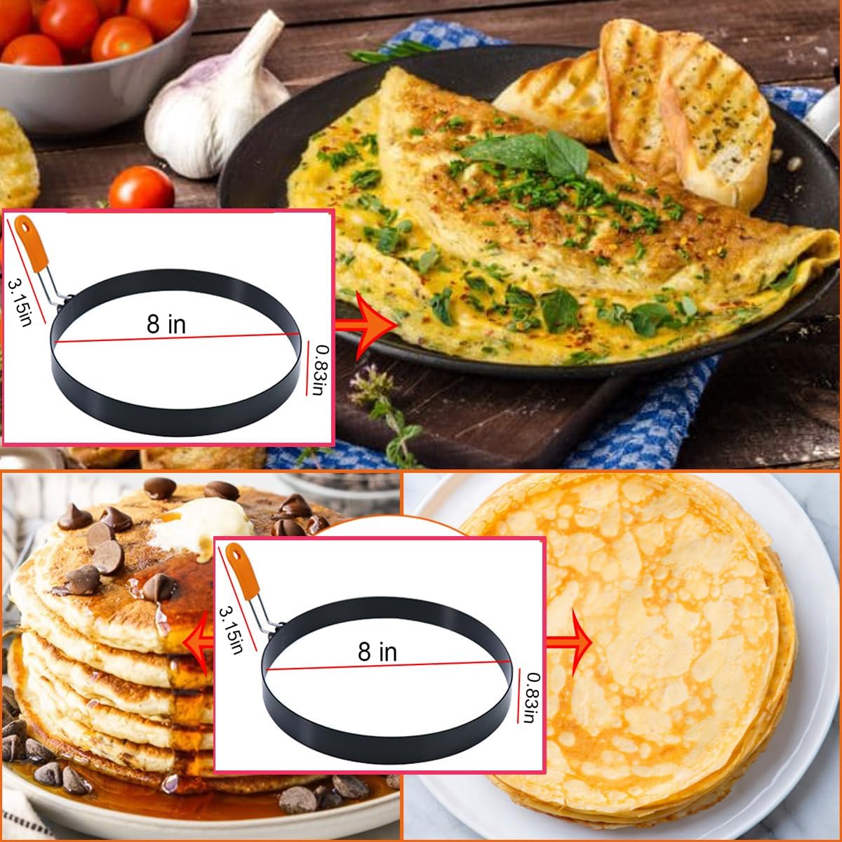 4 Packs Large 8 Inch Omelette Ring for Griddle, Non-Stick Stainless Steel 8" Griddle Omelet Rings,Large Omelet Mold Pancake Ring Mold Crumpet Circle Silicone Handle with Spatula and Oil Brush