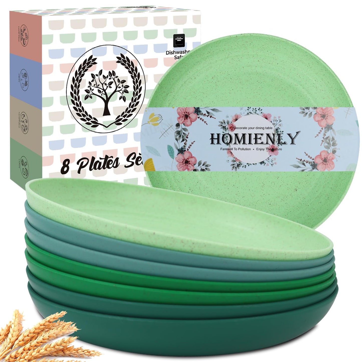 Homienly Dessert & Salad Set - Unbreakable Wheat Straw Plates, 8-10 inch, Reusable (Green Series)