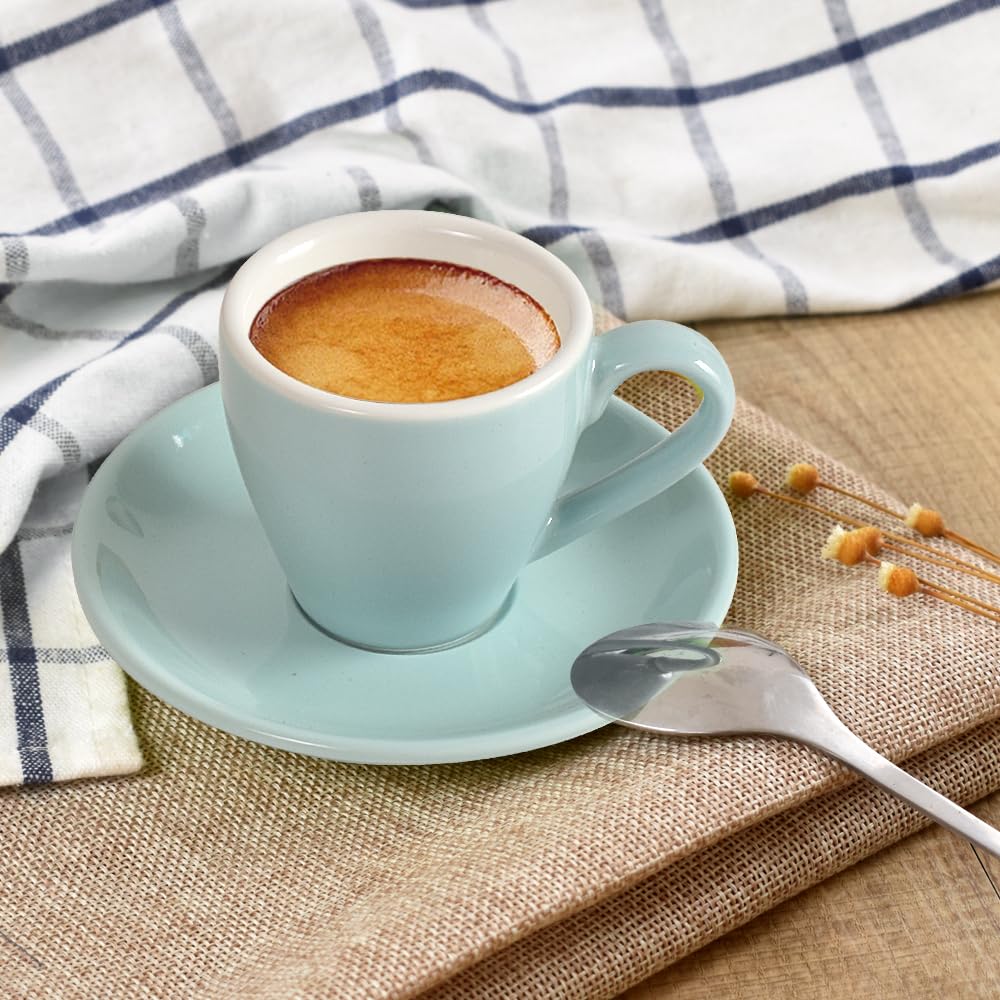 ionEgg Porcelain Espresso Cup with Saucer And Stainless Steel mini Spoons, Espresso shot Cup, 80ml/2.7Oz, Pack of 2, Blue