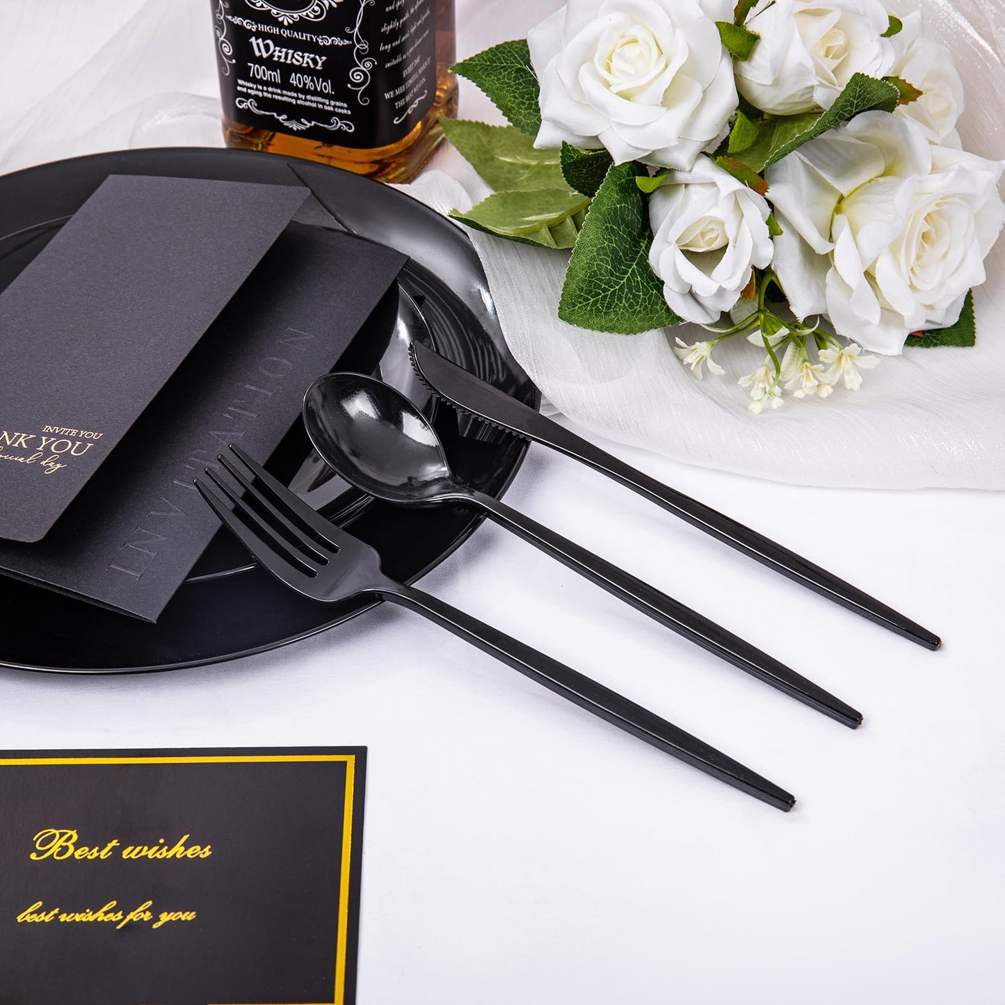 PULOTE 150PCS Black Plastic Silverware Set Disposable - Heavy Duty Black Plastic Cutlery - Black Plastic Utensils Set Include 50 Forks,50 Spoons,50 Knives for Party&Graduation
