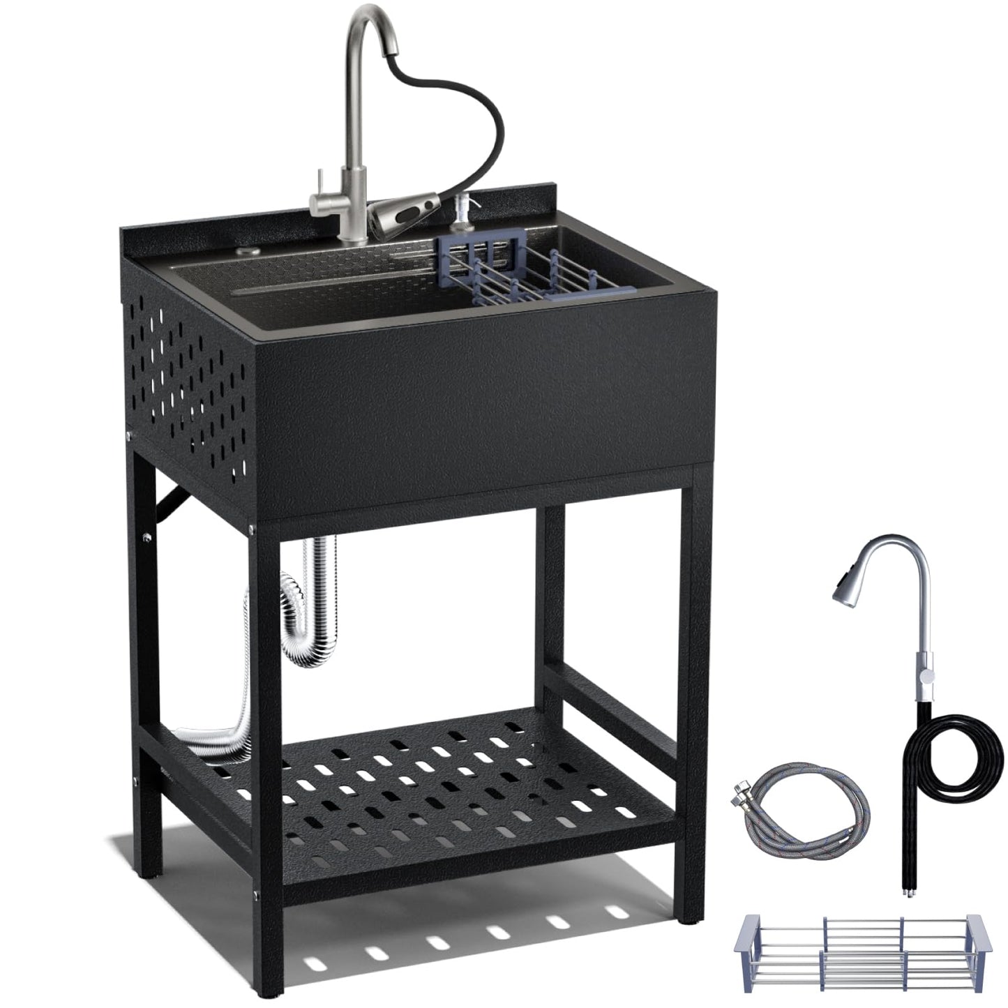 24 Inch Stainless Steel Utility Sink, Freestanding Commercial Sink with Pull-out Faucet,Heavy Duty Single Bowl Laundry Sinks for Garage,Kitchen,Outdoor, 24.21"L x 18.66"W x 35.04"H,Black