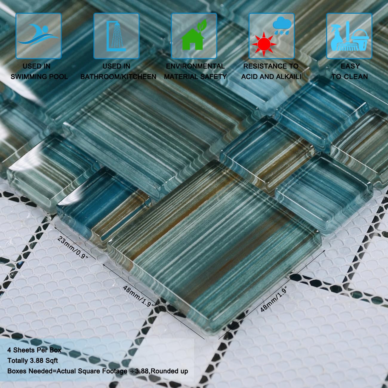 VividCraftX 4 Sq.Ft Premium 6mm Glass Mosaic Pool Tile, Dual-Size Square Pattern for Shower & Kitchen Backsplash, Waterproof for Spa & Waterline (Aegean Coastal Mix)