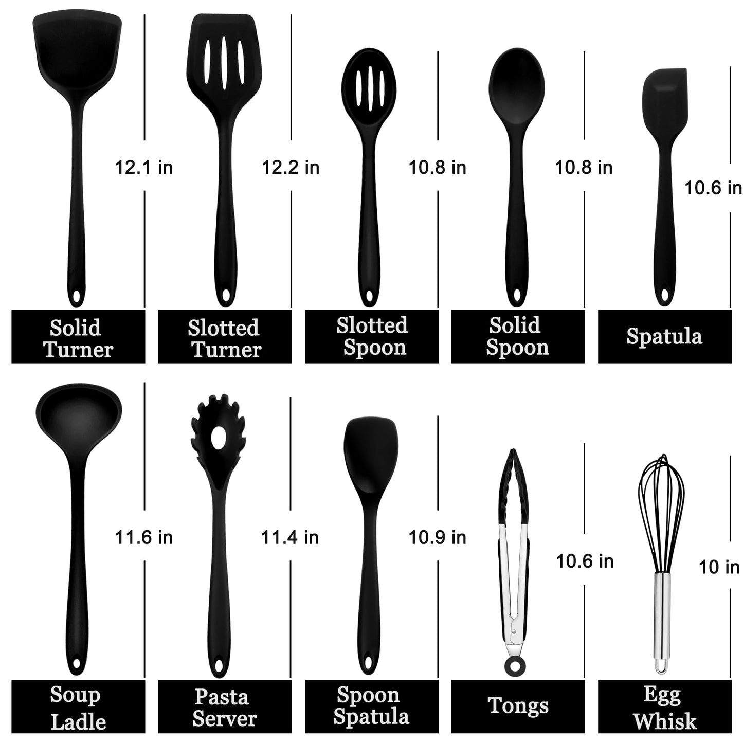 E-far 10 Pieces Silicone Cooking Utensils Set, Heat Resistant Kitchen Utensil Set for Nonstick Cookware, Kitchen Cooking Tools with Spatula, Spoon, Slotted Turner, Non-Toxic & Dishwasher Safe (Black)