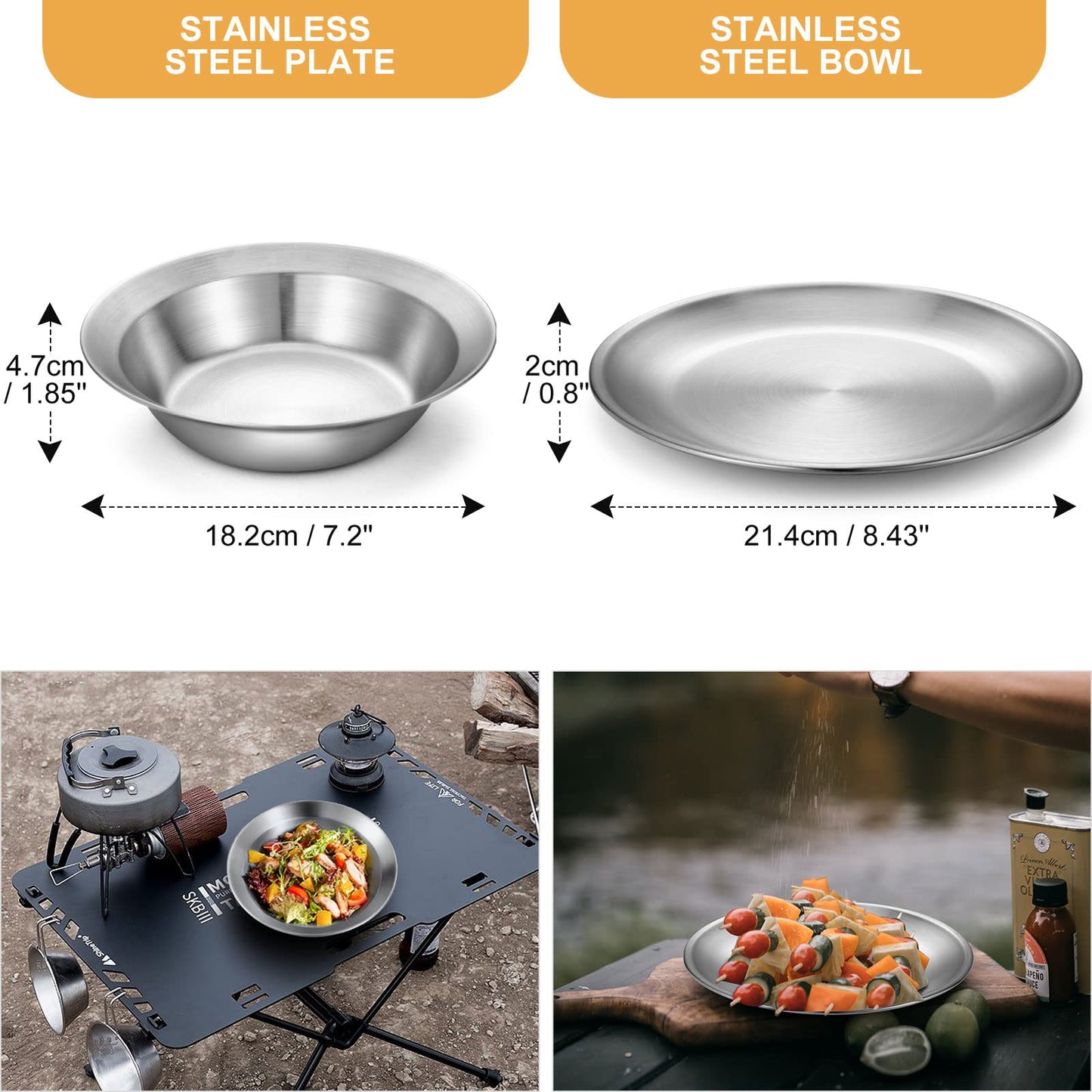 Odoland Stainless Steel Camping Mess Kit for Family & 1 Person, Cooking Tableware Utensils with Plates Bowls Forks Spoons Knives & Savings Bag for Camping, Backpacking, Hiking, Picnic, 1 Person Set
