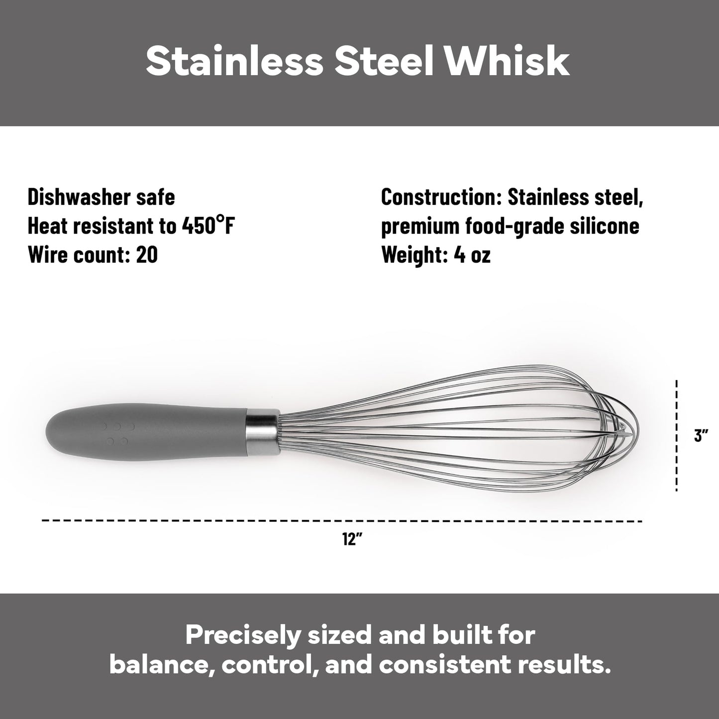 Misen Stainless Steel Balloon Whisk - Dishwasher Safe - Ergonomic Silicone Grip, Versatile Cooking Whisk for Eggs, Durable Construction - Professional-Grade Kitchen Tool - Gray