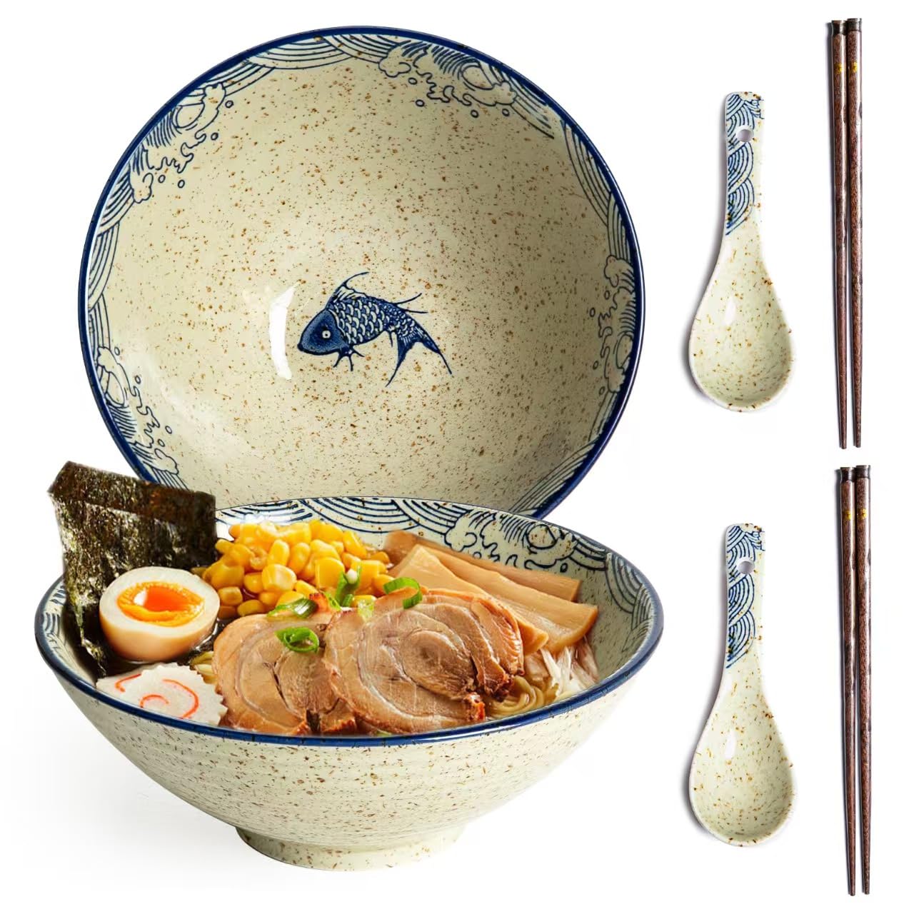 Niturceal Ceramic Ramen Bowl Set of 2, 40oz Japanese Noodle Bowls with Spoons & Chopsticks Porcelain Large Soup Bowl for Pho, Udon, Retro Style Tableware Microwave & Dishwasher Safe, Fish