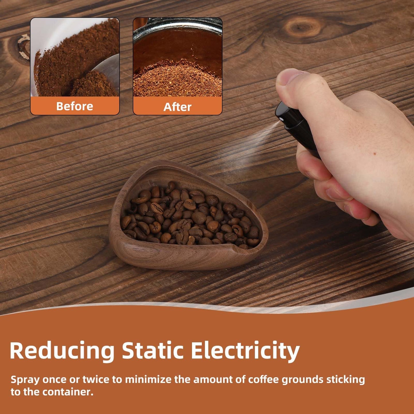 Coffee Bean Dosing Cup and Spray Bottle Set, Walnut Wood Bean Measuring Tray Espresso Accessories Tools Kit with RDT Static Reduction Spray Spritzer for Coffee Lovers Gift