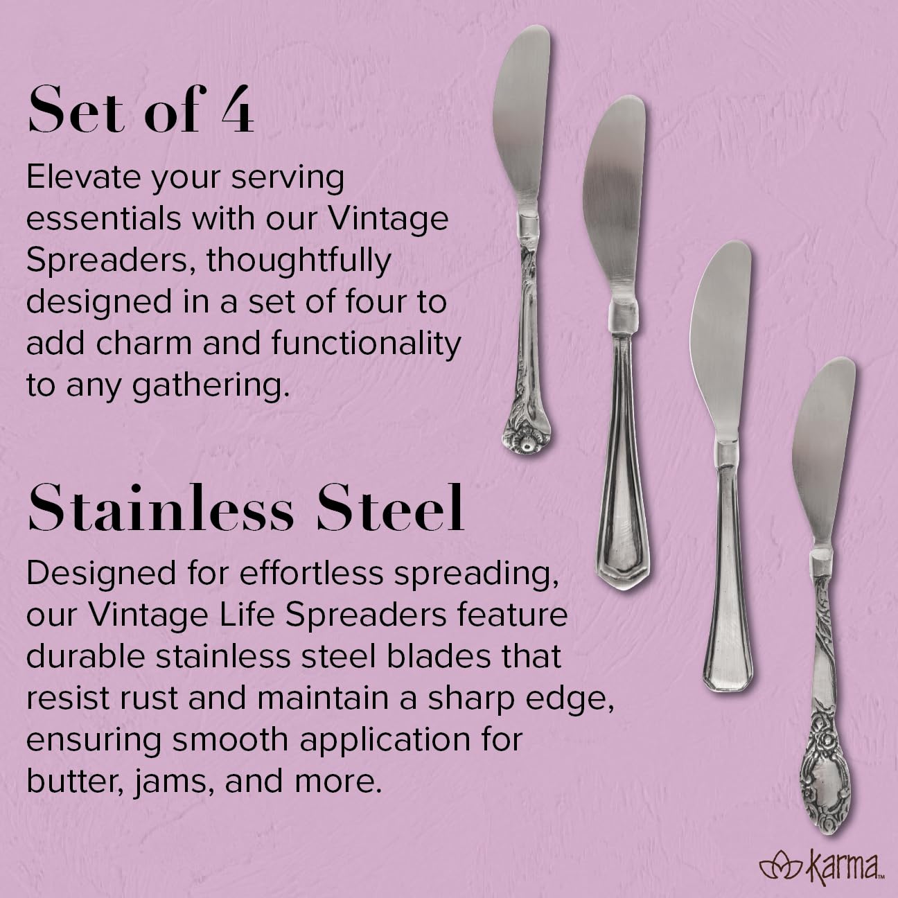 Karma, 4-piece Stainless Steel Butter Spreader Cheese Knife Set, Vintage Spreader Set, Giftable Butter Knives Set, Bread Knife Set, Gold