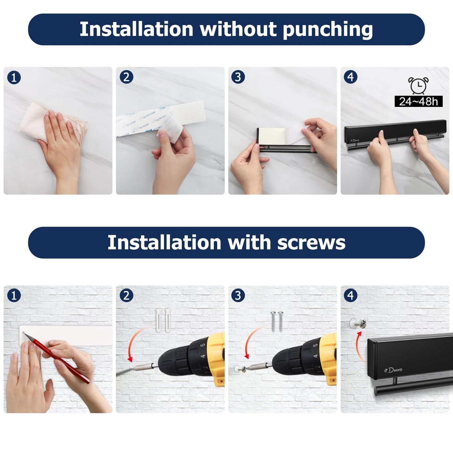 Dmore magnetic knife holder for wall—with 5 hooks, No Drilling 12 Inch black knife magnetic strip, Extra Strong Magnet knife rack, include Adhesive Tape and screws for Knives and Tools