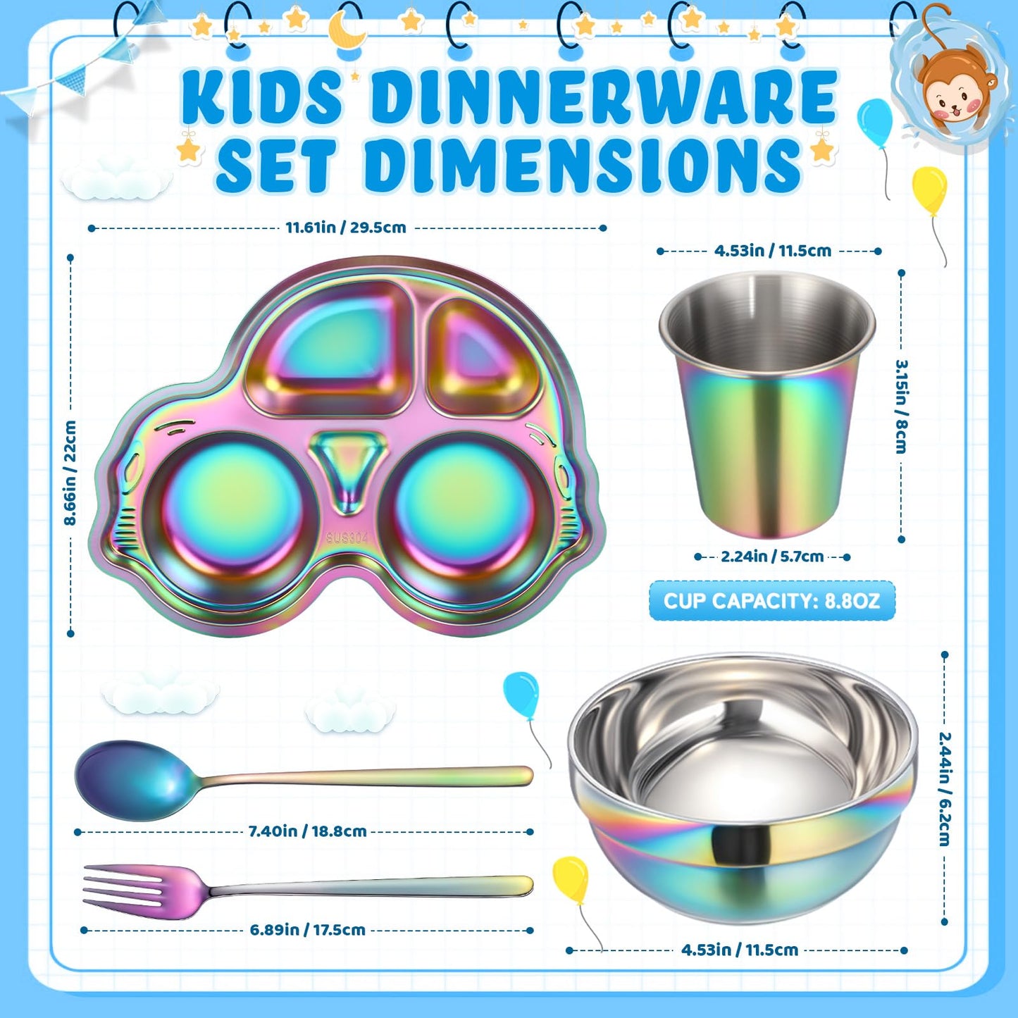 Tioncy 15 Pcs Stainless Steel Kids Dinner Set, 3 Bowls, 3 Balanced Bites Divided Plates, 3 Cups, 3 Spoons and 3 Forks, Stainless Steel Lunch Plates Dinnerware Set for Kids Toddlers(Car)