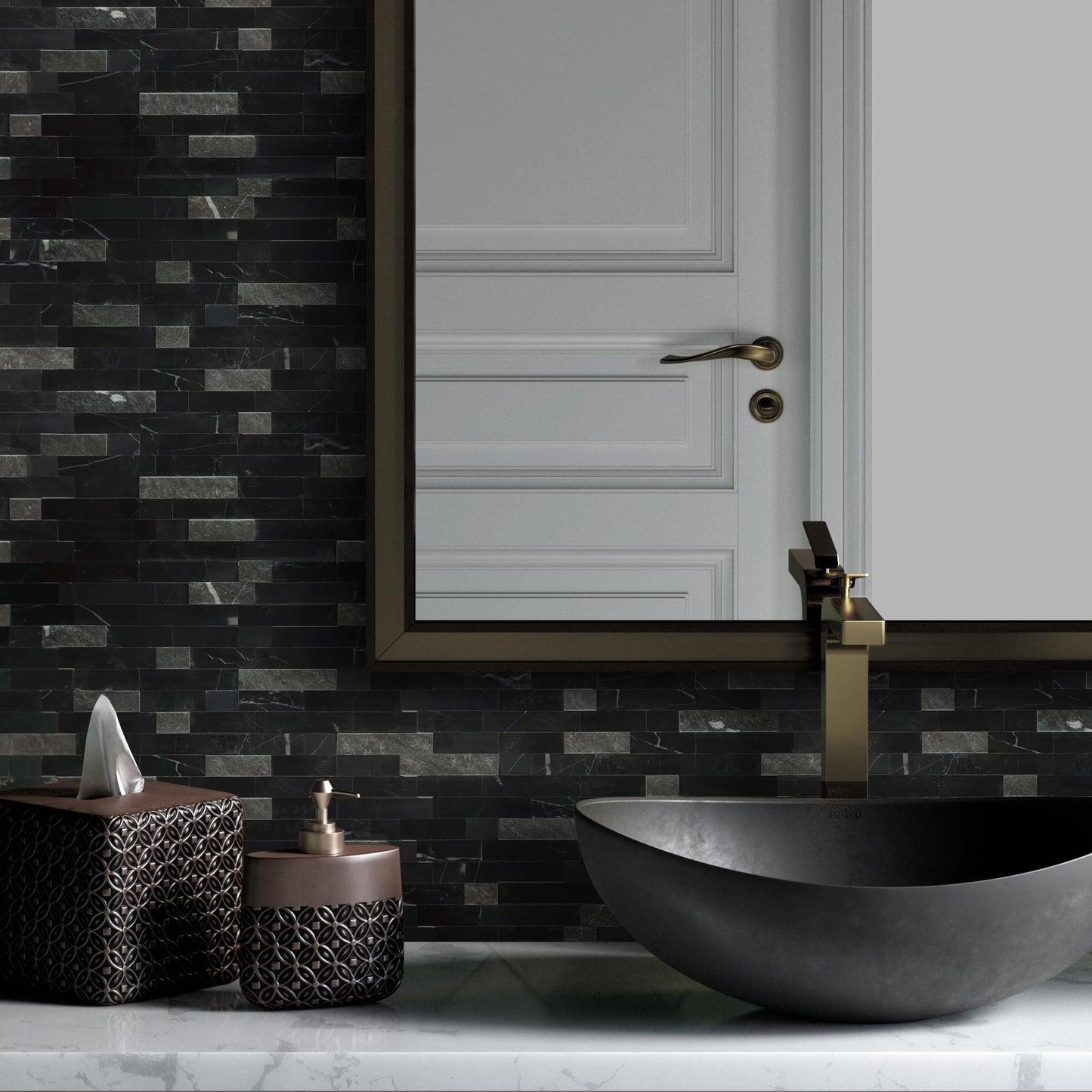 SUNWINGS 5-Sheet Peel and Stick Mosaic Natural 3D Stone Self Adhesive Marble Tiles, 11.5" x 10.7" Stick on Backsplash for Kitchen Bathroom Fireplace Vanity, Mixed Black