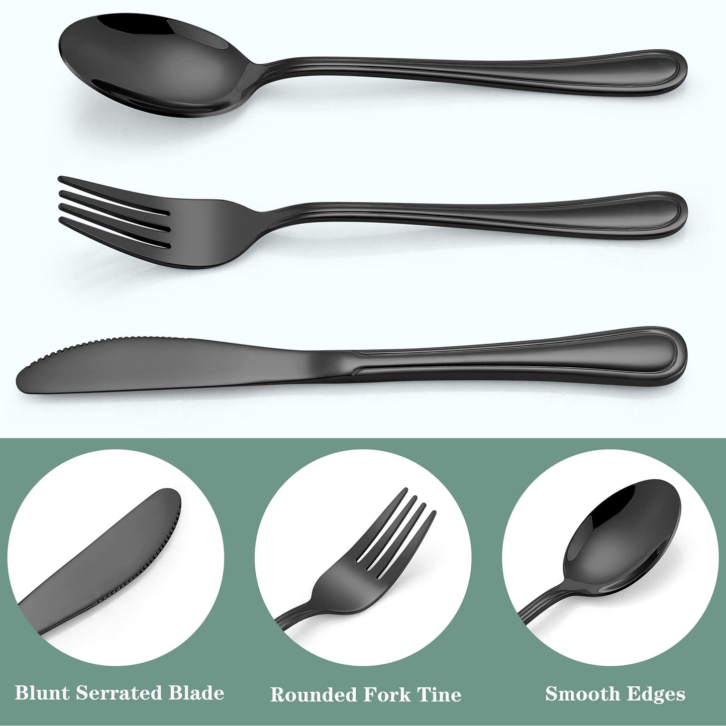 LIANYU 15-Piece Black Kids Silverware Set, Stainless Steel Toddler Utensils Flatware Set, Child Cutlery Tableware Set for 5, Include knife Fork Spoon, Mirror Finished, Dishwasher Safe