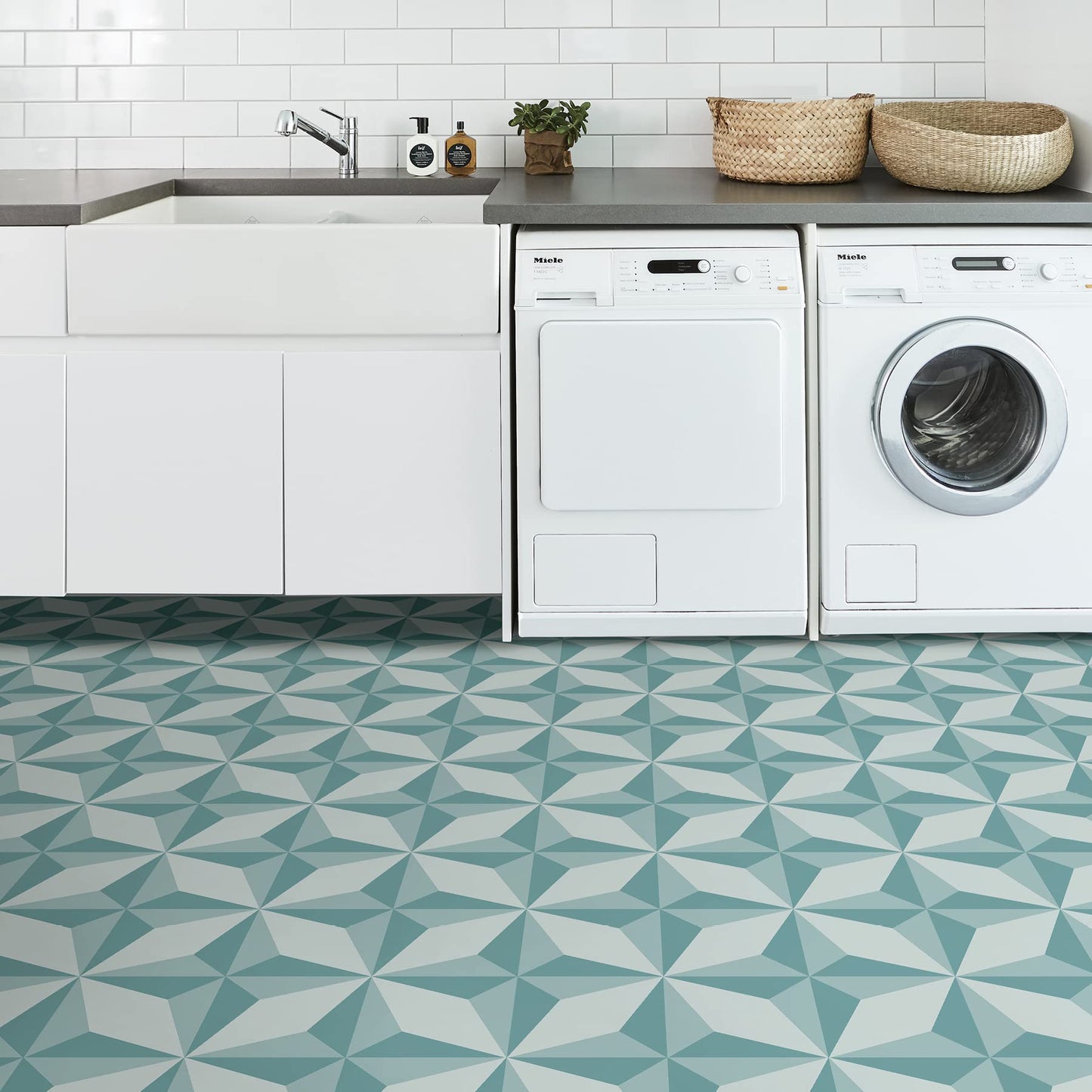 FloorPops Topaz Peel and Stick Floor Tiles, Blue Geometric Removable Vinyl Flooring, Self Adhesive Floor Tiles for Kitchen Bathroom Entryway