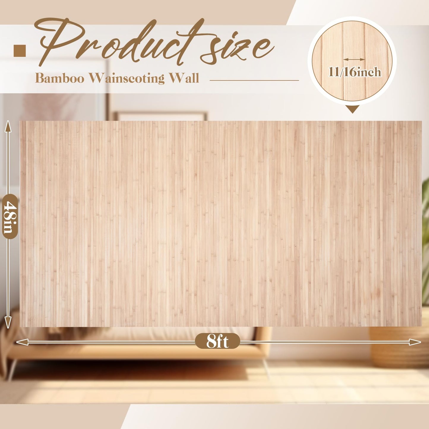 Juexica 2 Pcs Natural Bamboo Wall Panel for Interior Wall 48''x96'' Bamboo Covering Renewable Pole Wainscoting Room Divider Wrap Decor for Bedroom Living Room Kitchen Island Office (Light Carbonized)