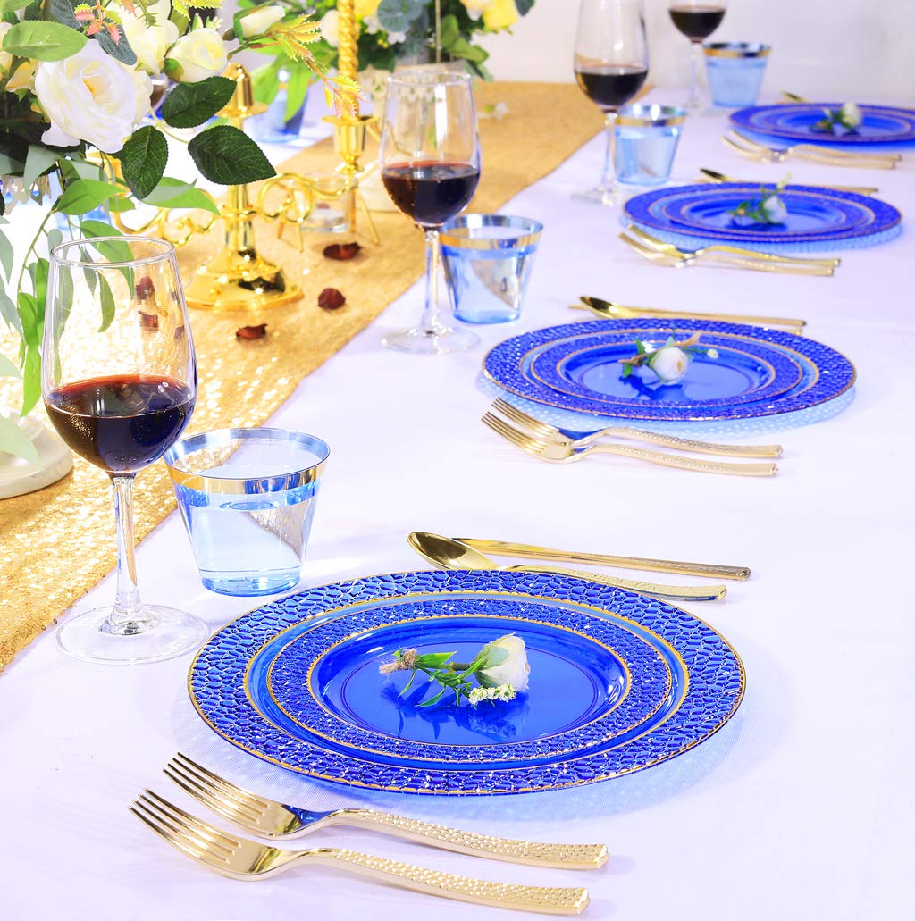 Nervure 102PCS Blue Plastic Plates - Disposable Blue Party Plates Include 51PCS 10.25inch Dinner Plate & 51PCS 7.5inch Dessert Plate for Wedding & Party & Father's Day
