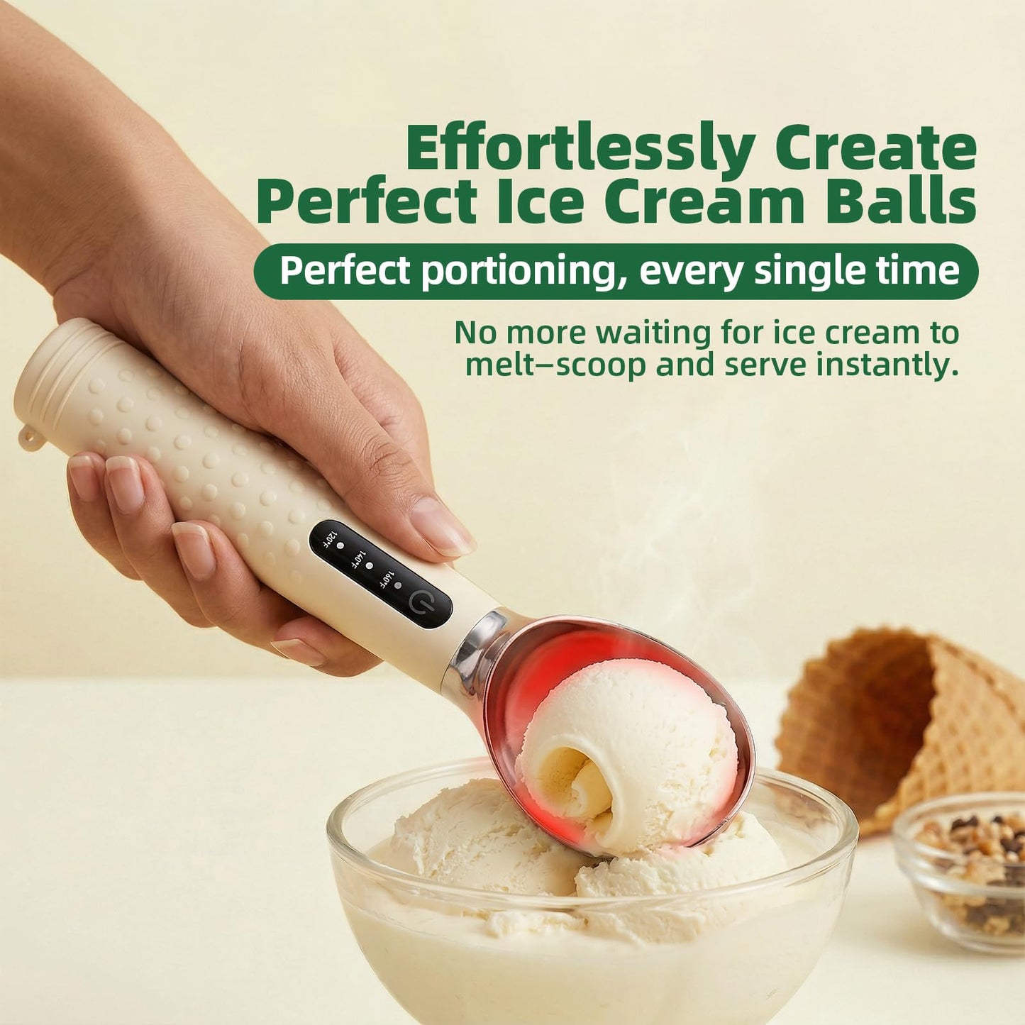 Heated Ice Cream Scoop: Rechargeable Electric Scooper with 3 Temperature Settings - 120/140/160 °F, LED Display & 2600 mAh Capacity for Hardened Gelato and Frozen Treats