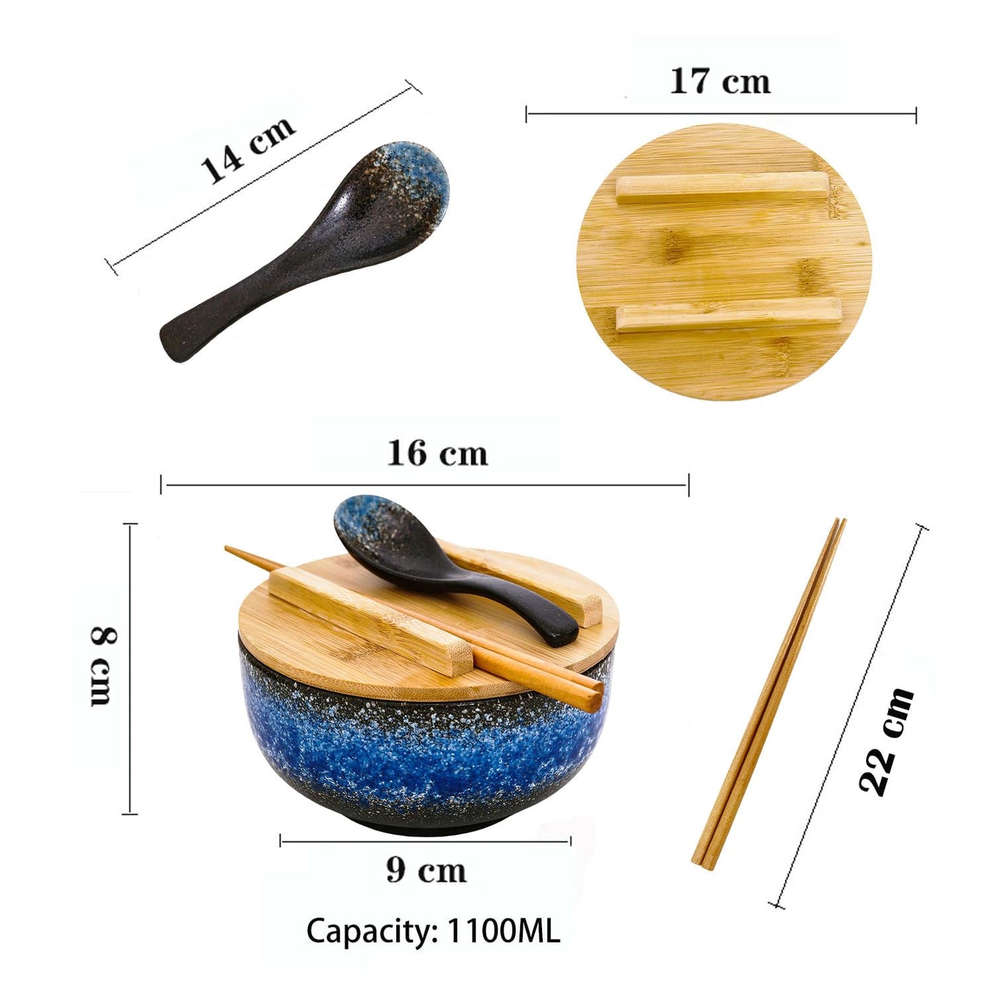 Japanese Ceramic Ramen Bowls Set with Ceramic Spoon, Chopsticks，Lid，38 Ounces Large Capacity Rice Noodle Ramen Bowl for Pho Soup Pasta Salad，Microwavable Oven Safety (Blue)