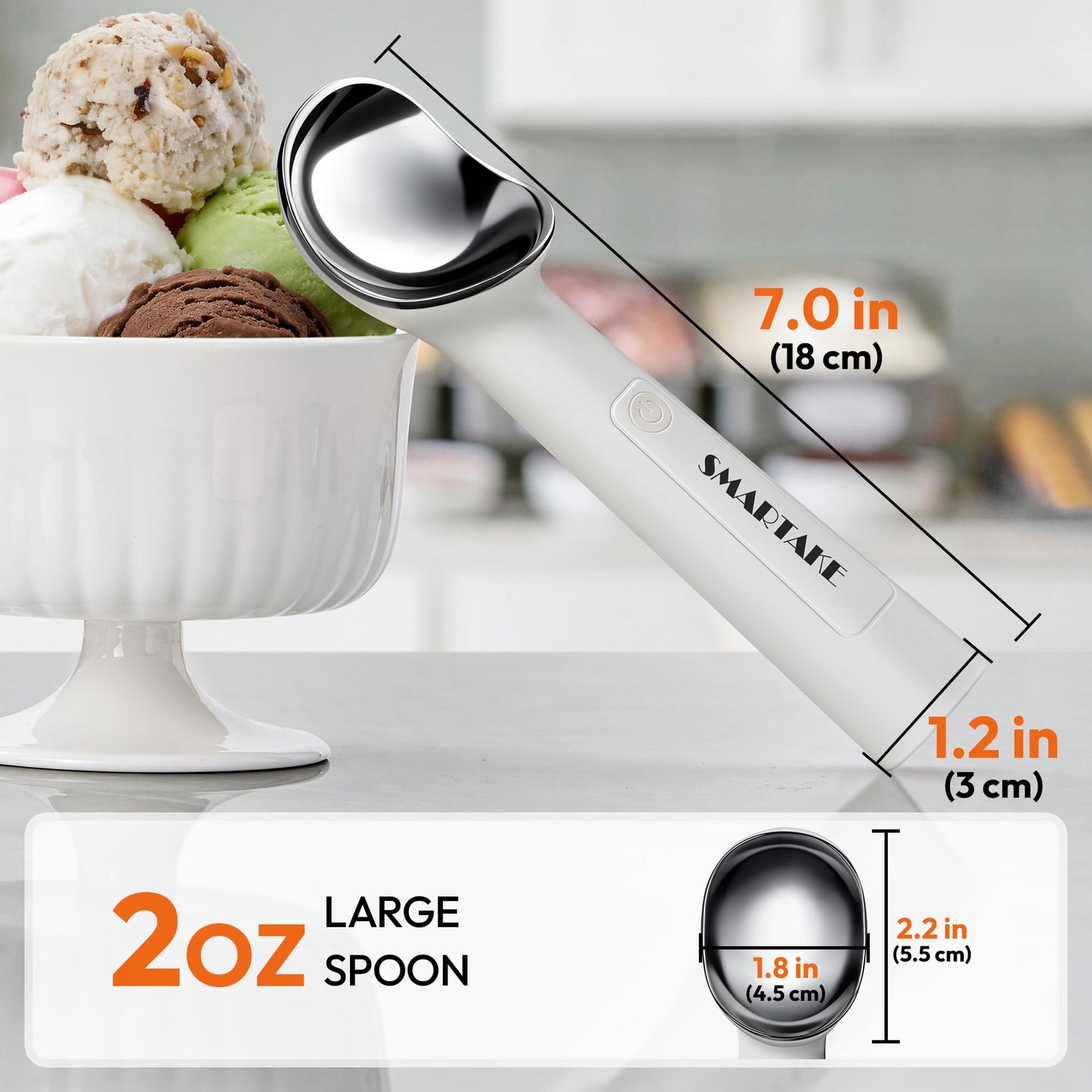 SMARTAKE Heated Ice Cream Scoop, Self Warming to 158°F for Hard Ice Cream, Rechargeable Electric Ice Cream Scoop with On/Off Button, Heat-Proof Shell, 2oz Large Spoon, LED Display, 2600mAh, White